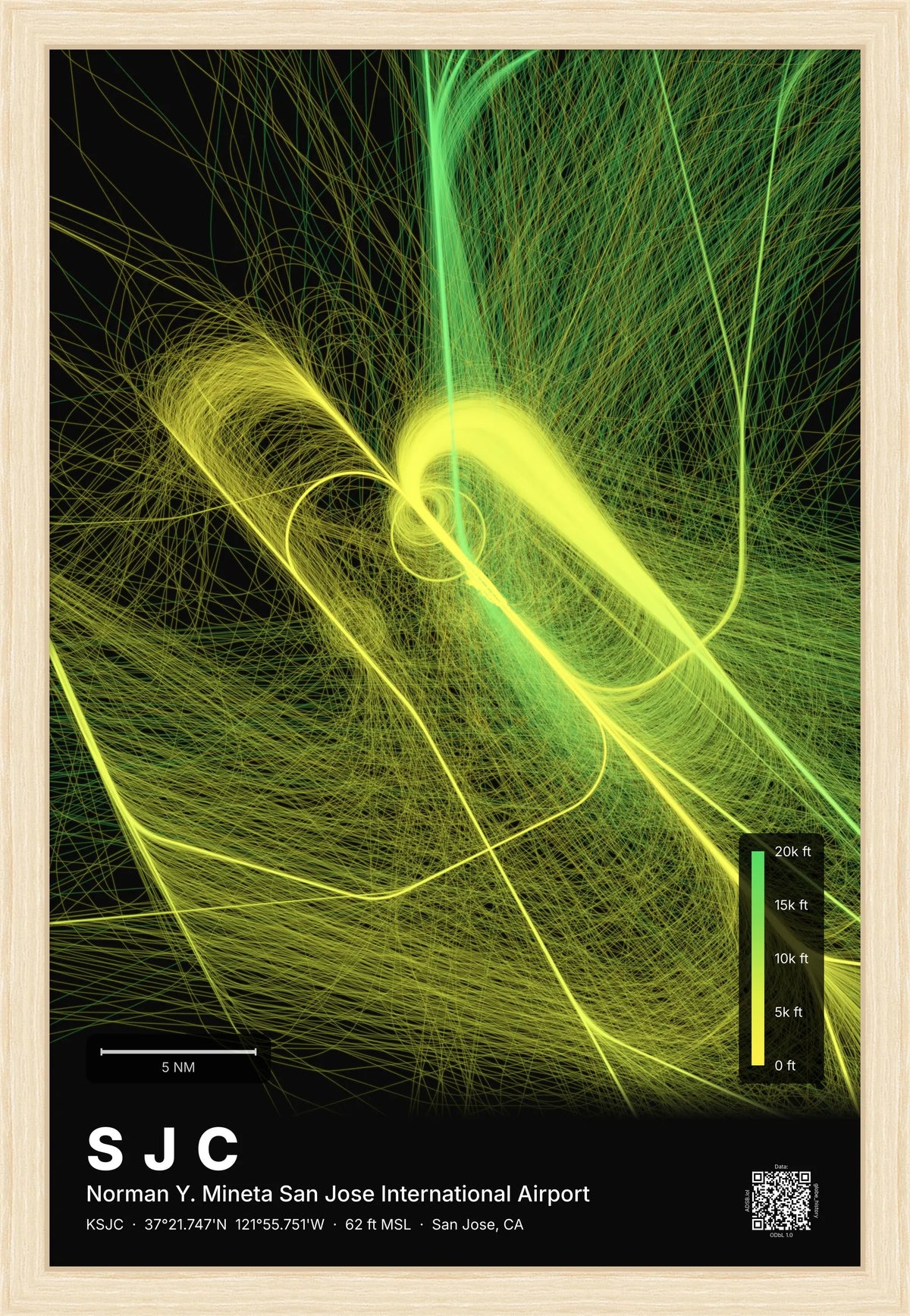 SJC flight path map — Citrus theme · Dark [material:framed_natural]