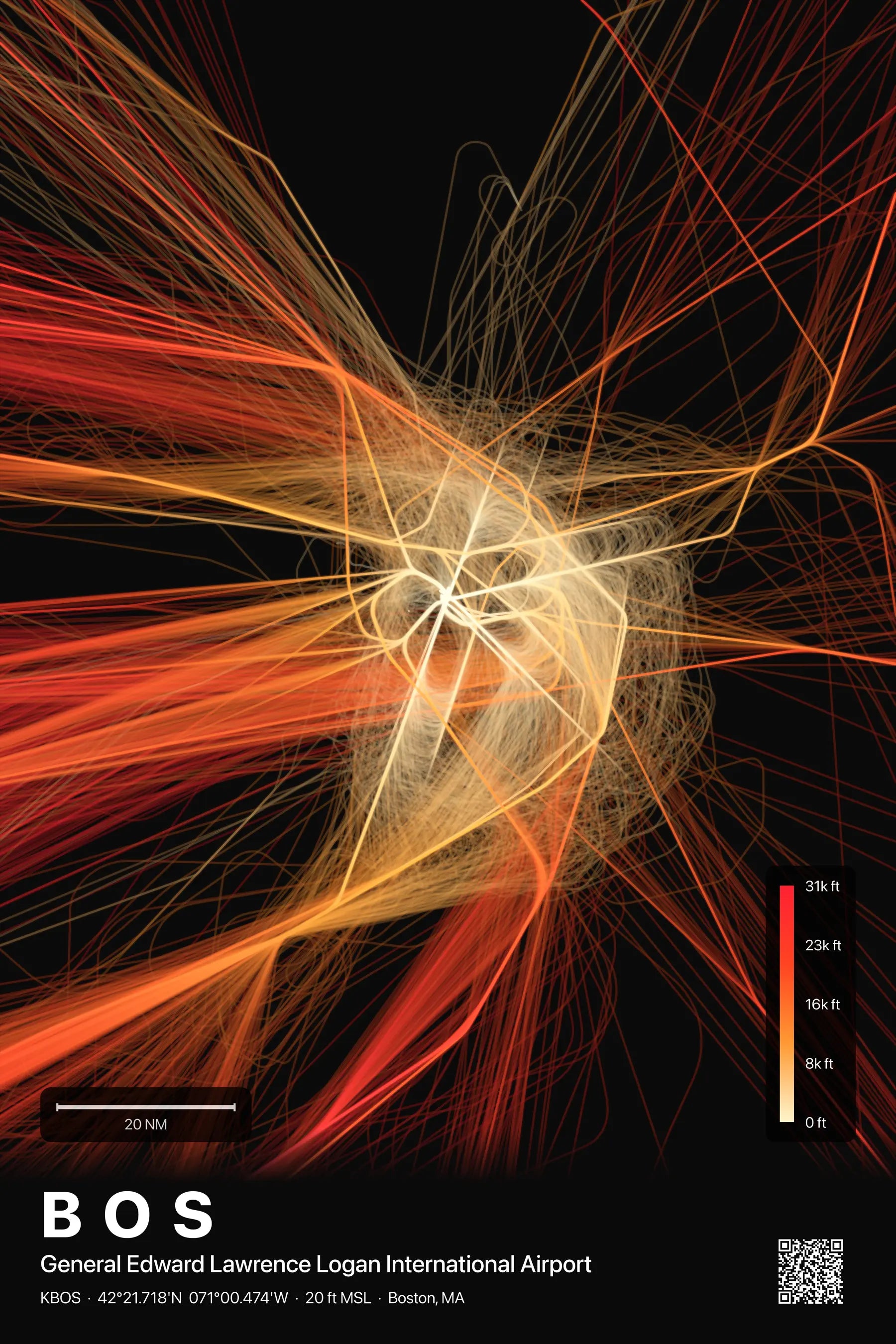 BOS flight path print — Inferno theme · Dark