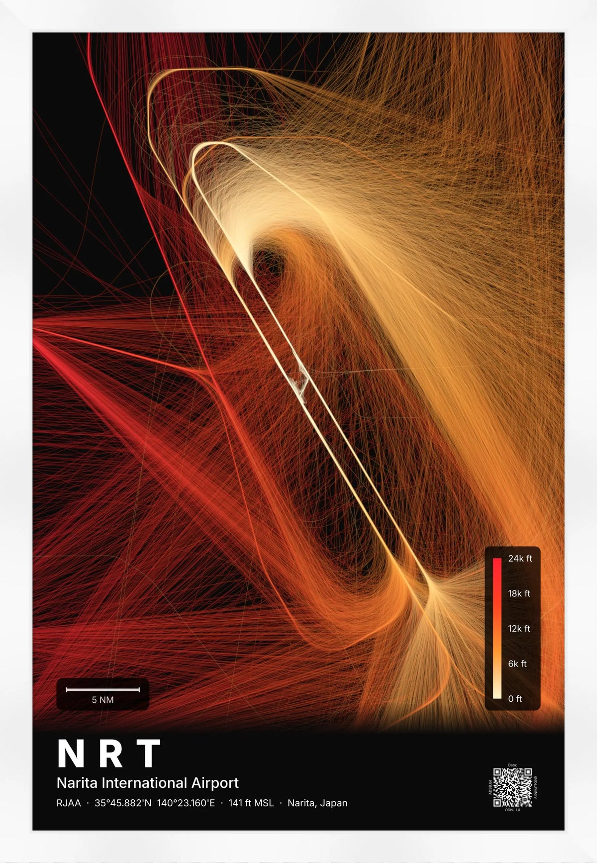 NRT flight path map — Inferno theme · Dark [material:framed_white]