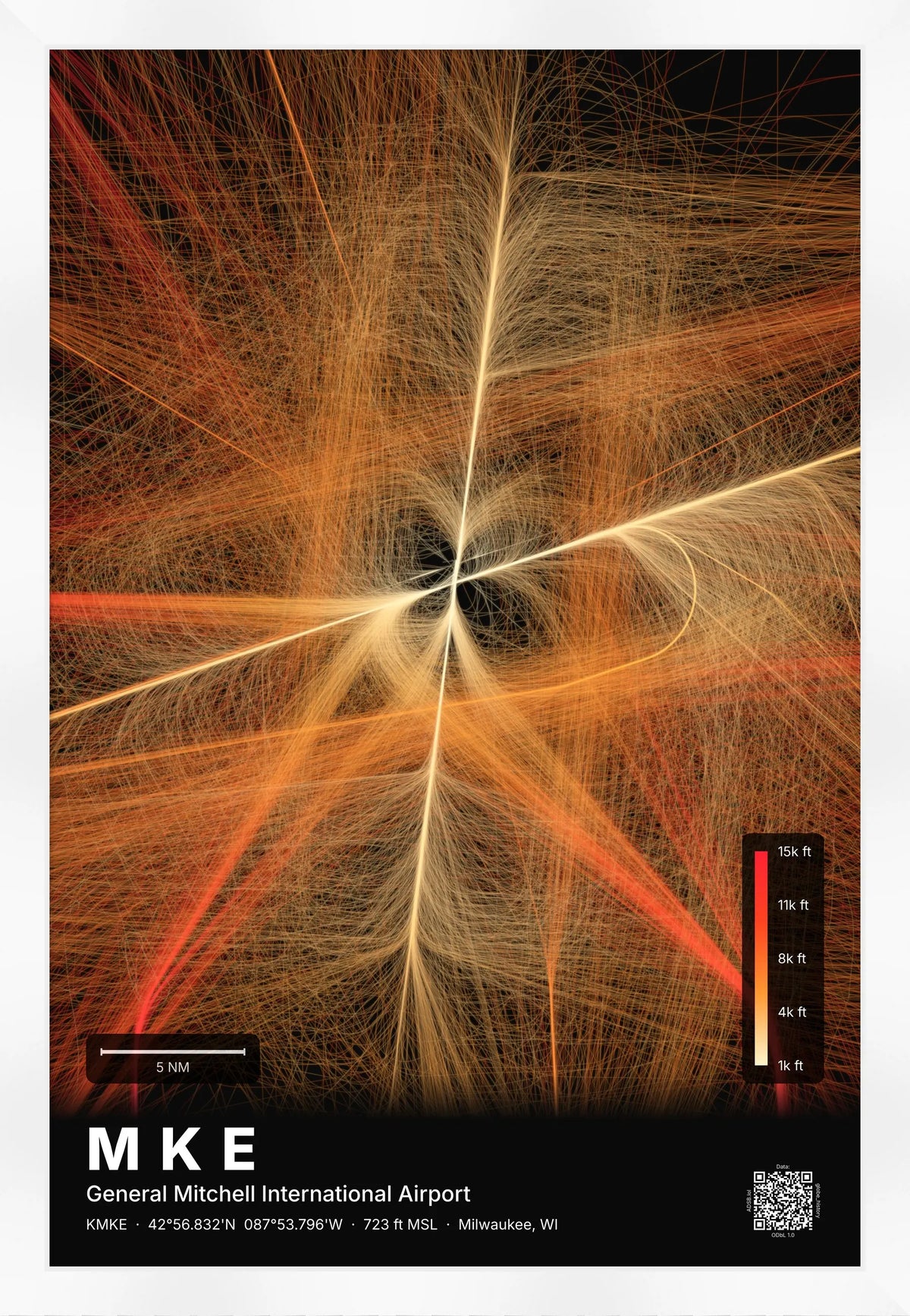 MKE flight path print — Inferno theme · Dark [material:framed_white]