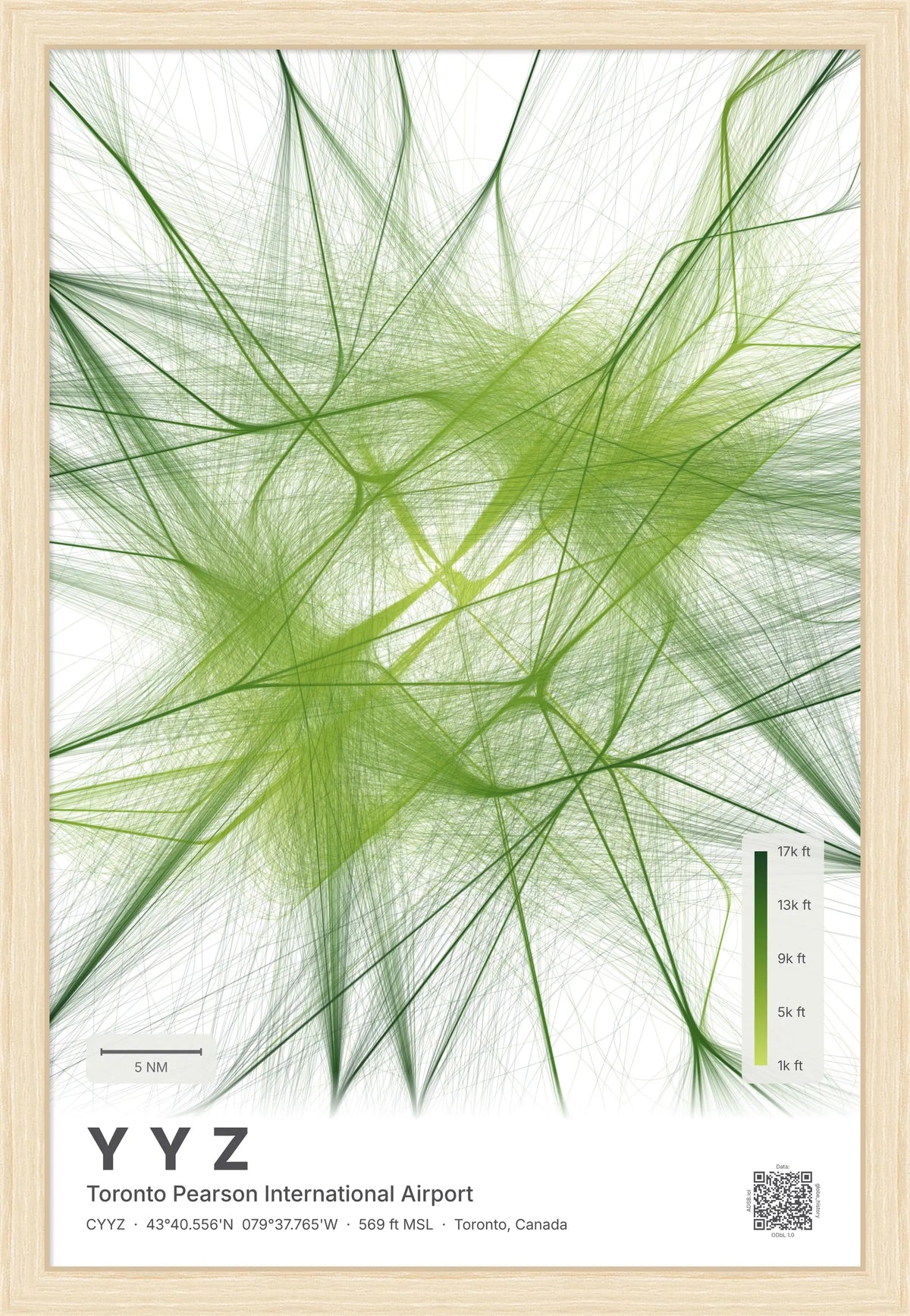 YYZ flight path map — Citrus theme · Light [material:framed_natural]