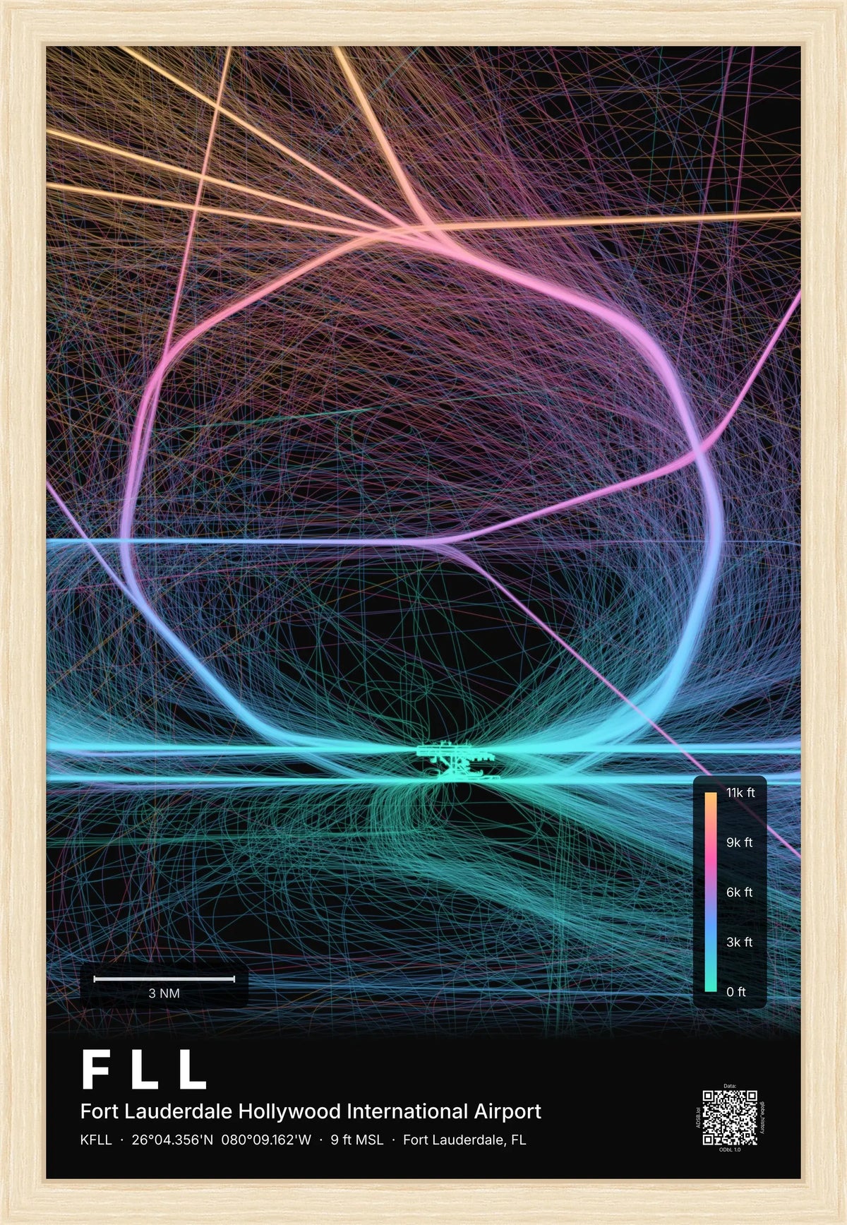 FLL flight path map — Aurora theme · Dark [material:framed_natural]