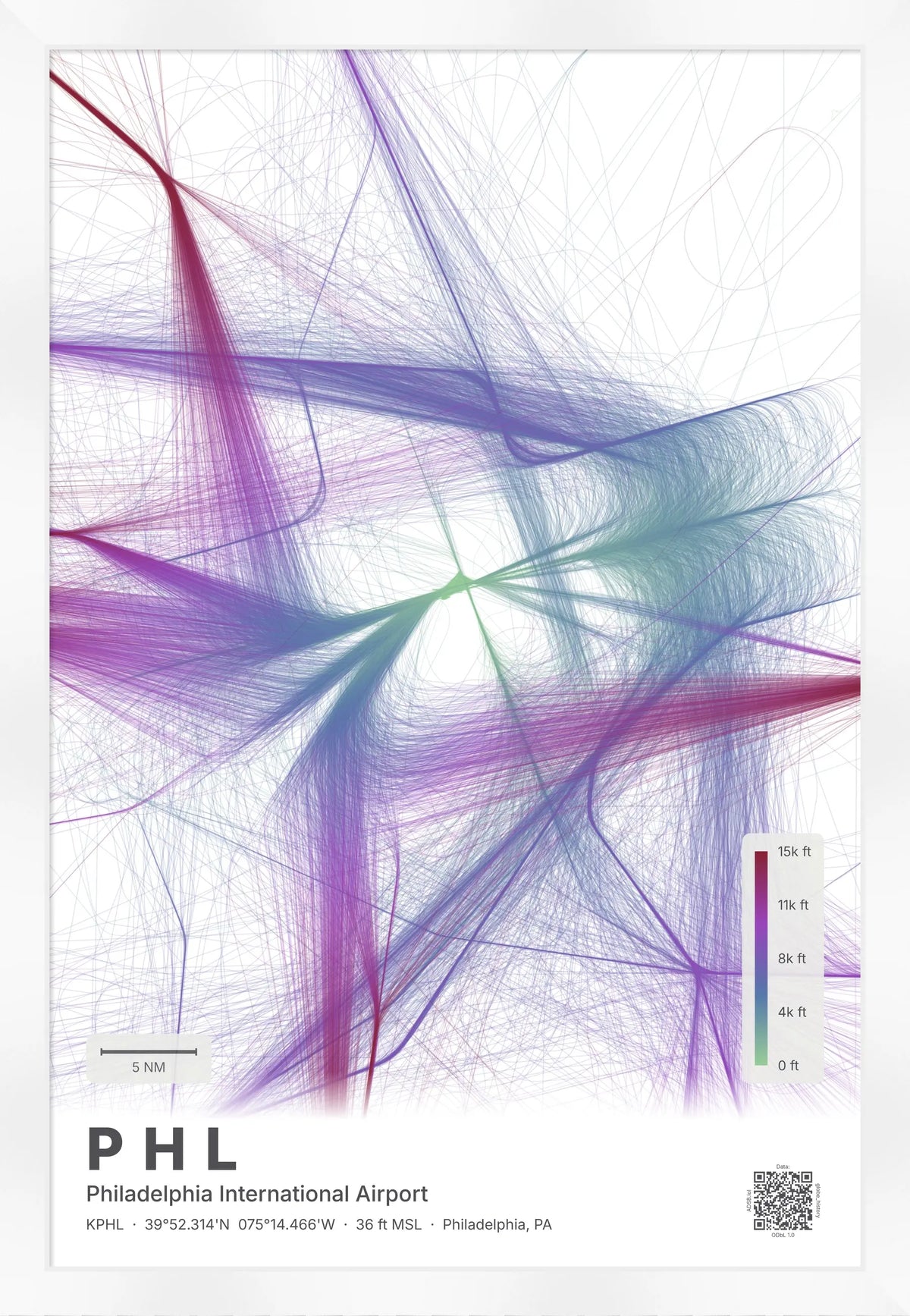 PHL flight path print — Prism theme · Light [material:framed_white]
