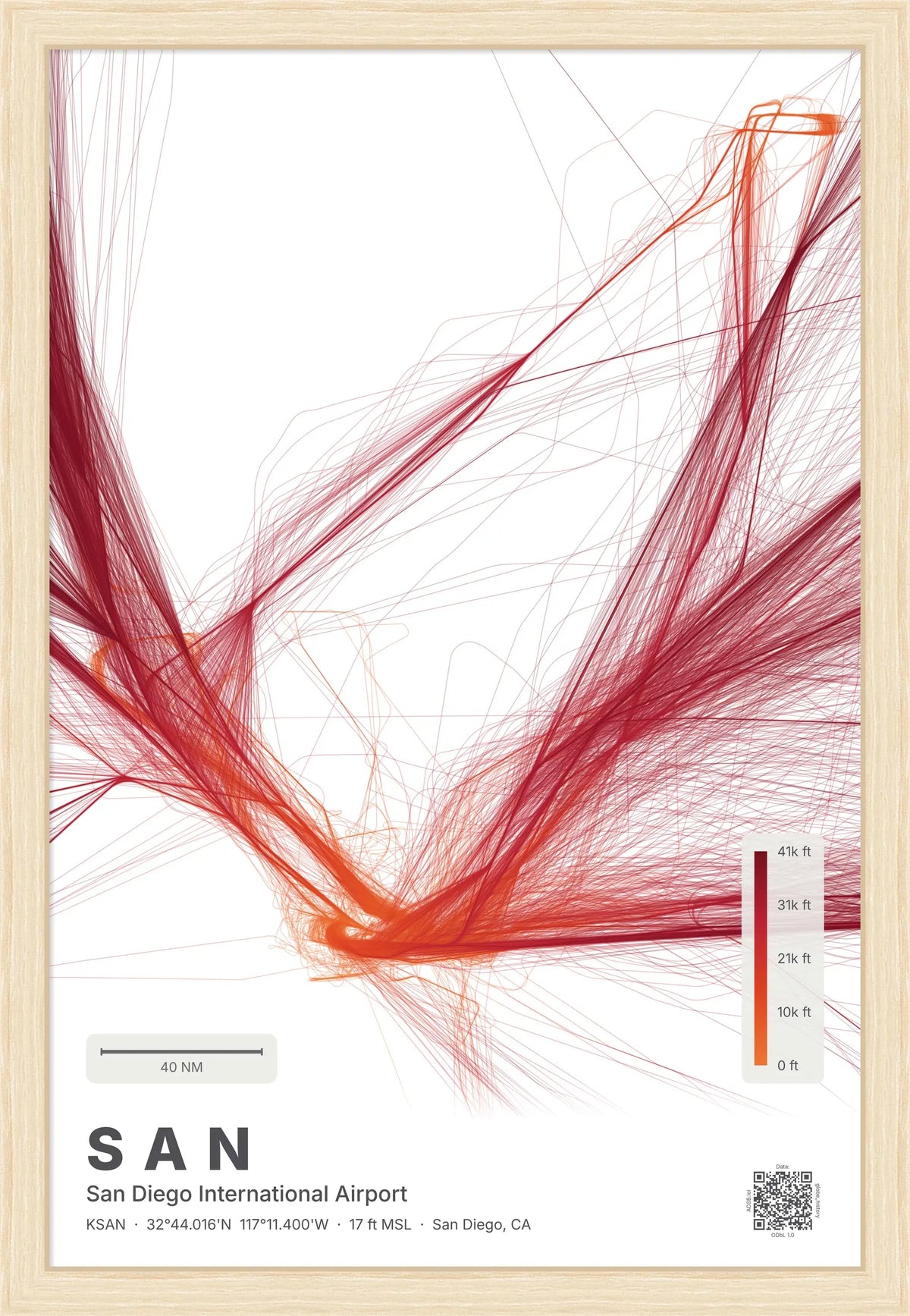 SAN flight path print — Inferno theme · Light [material:framed_natural]
