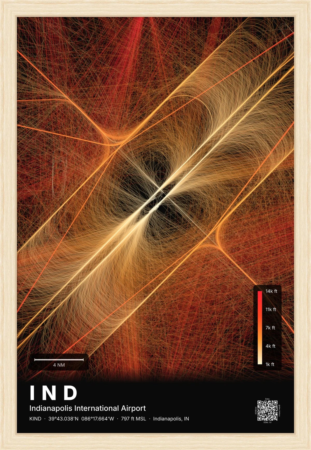IND flight path print — Inferno theme · Dark [material:framed_natural]