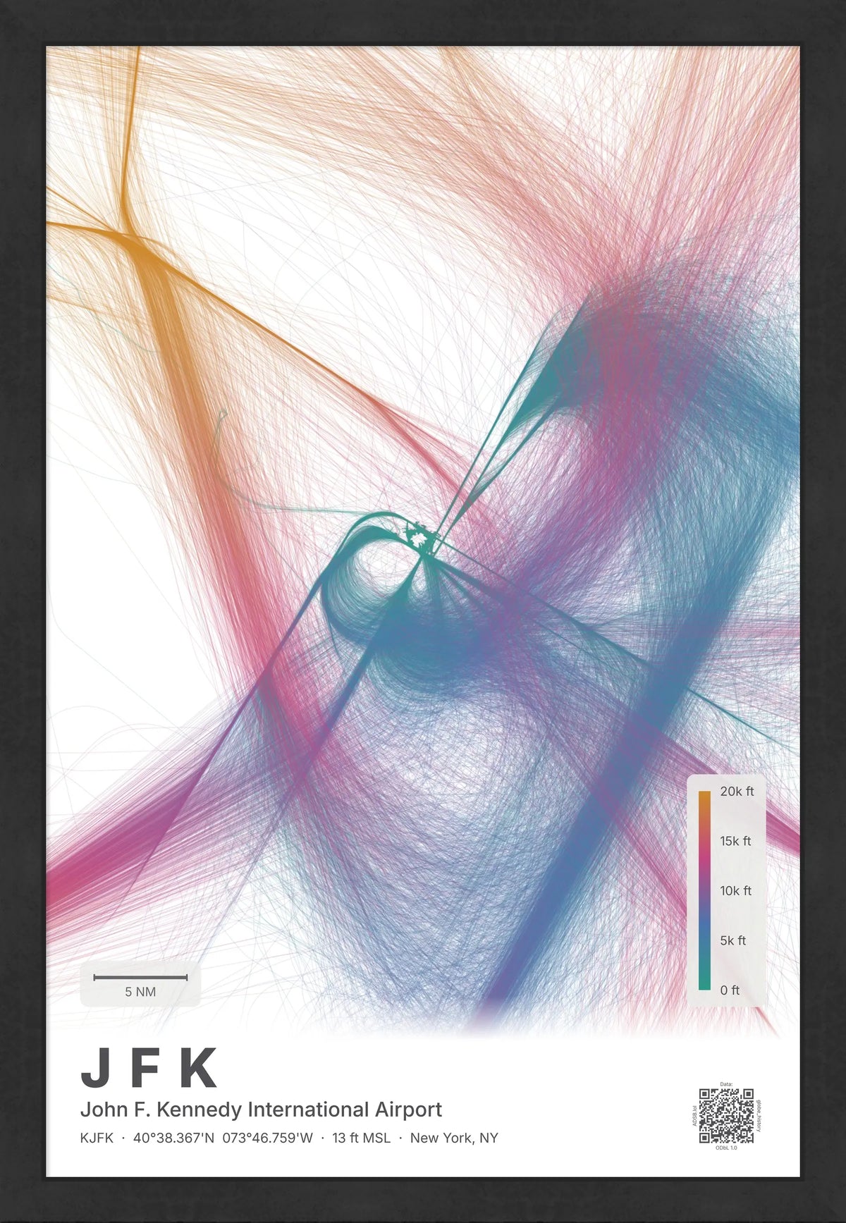 JFK flight path map — Aurora theme · Light [material:framed_black]