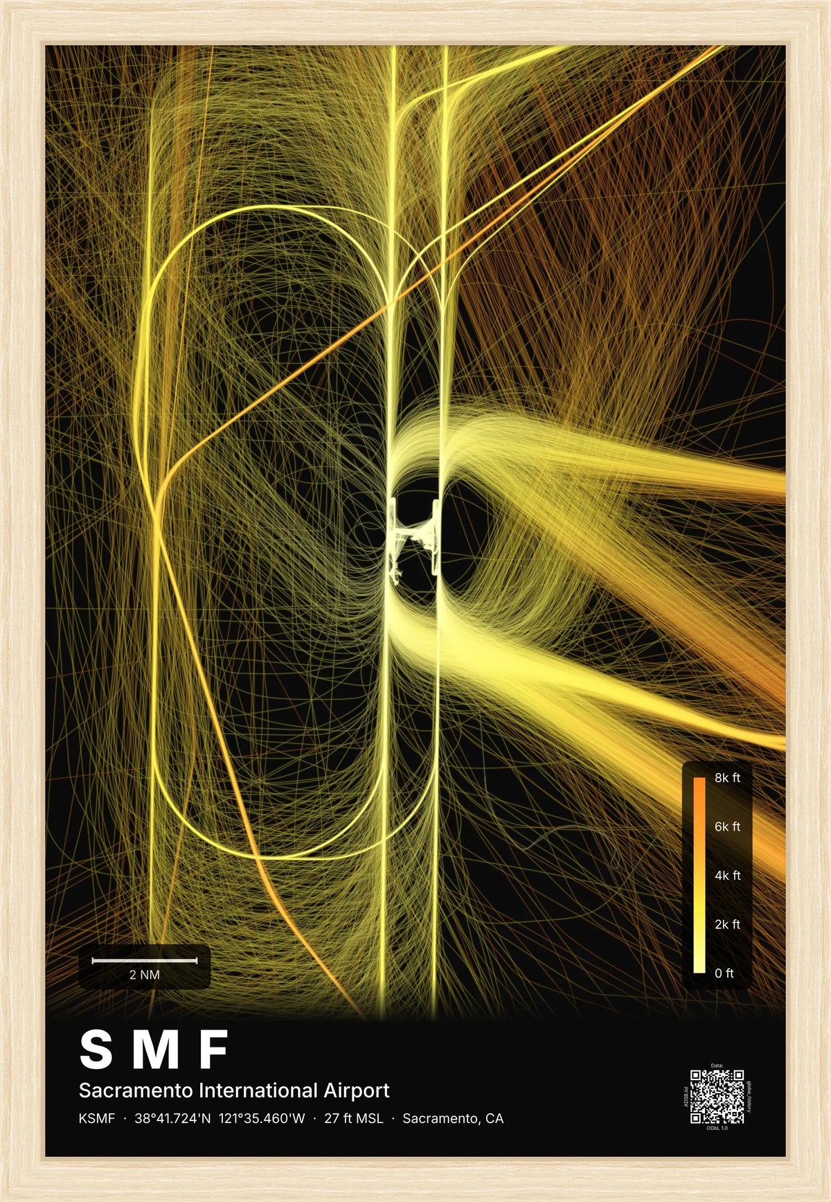 SMF flight path print — Solana theme · Dark [material:framed_natural]
