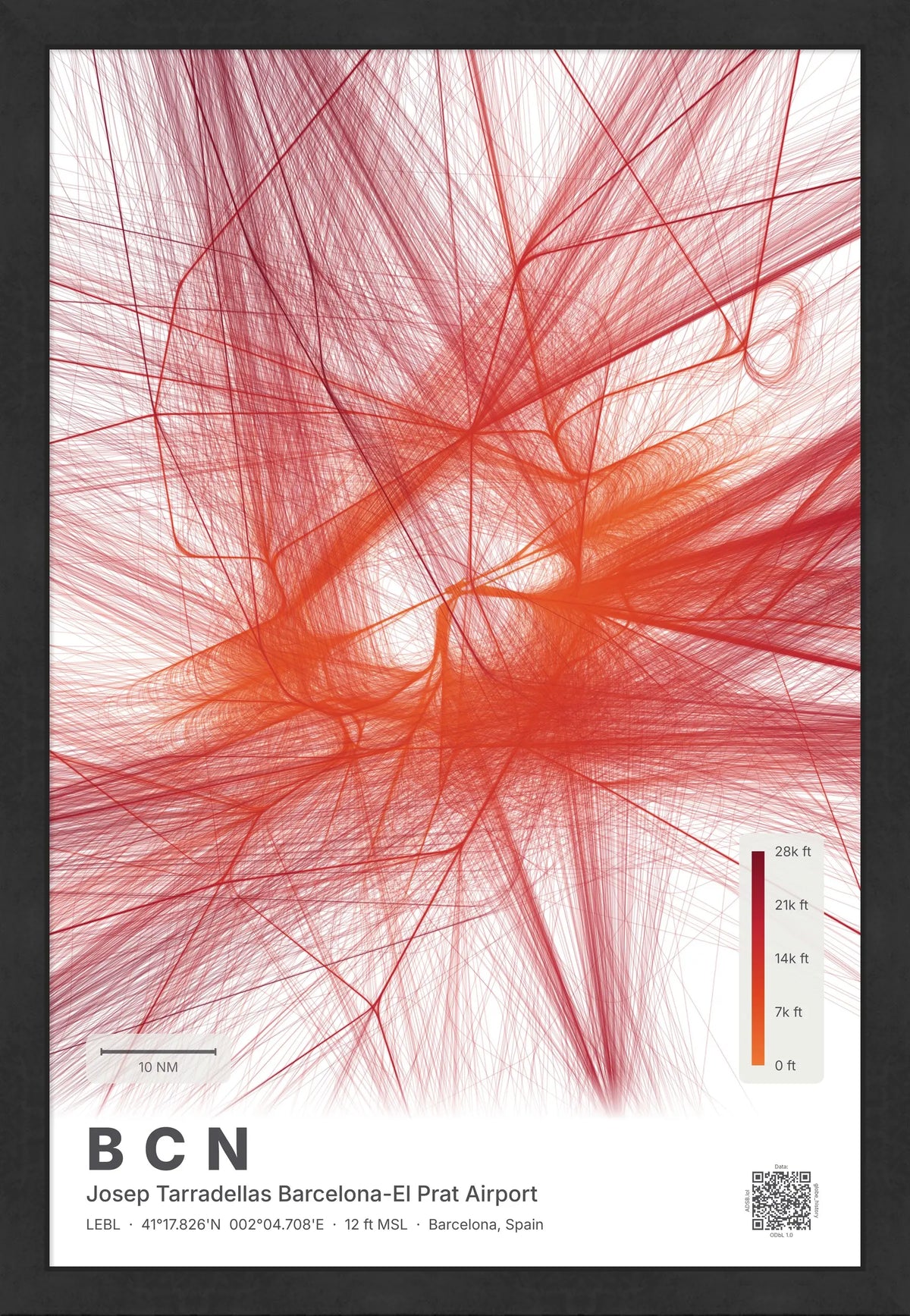 BCN flight path map — Inferno theme · Light [material:framed_black]