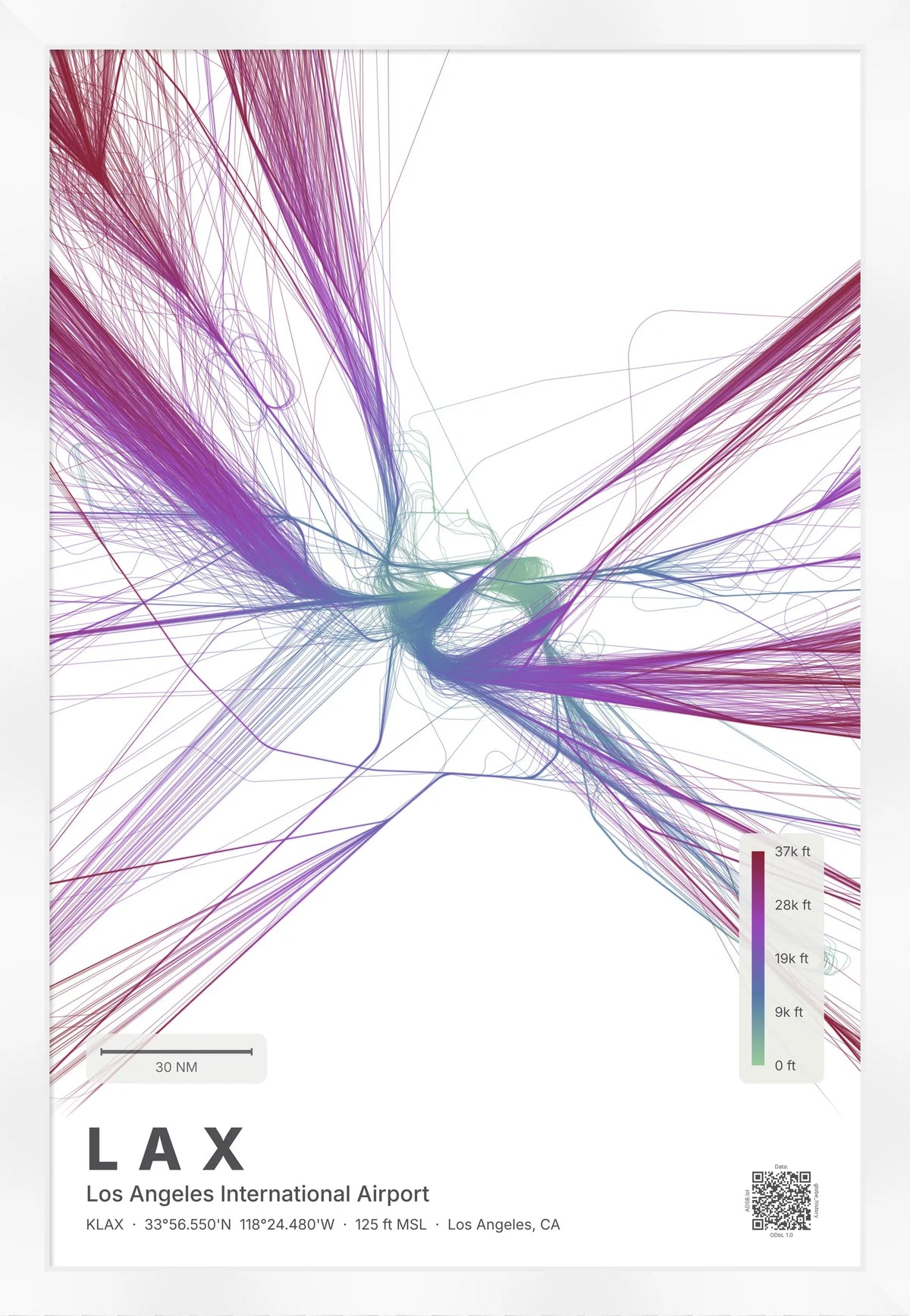 LAX flight path print — Prism theme · Light [material:framed_white]