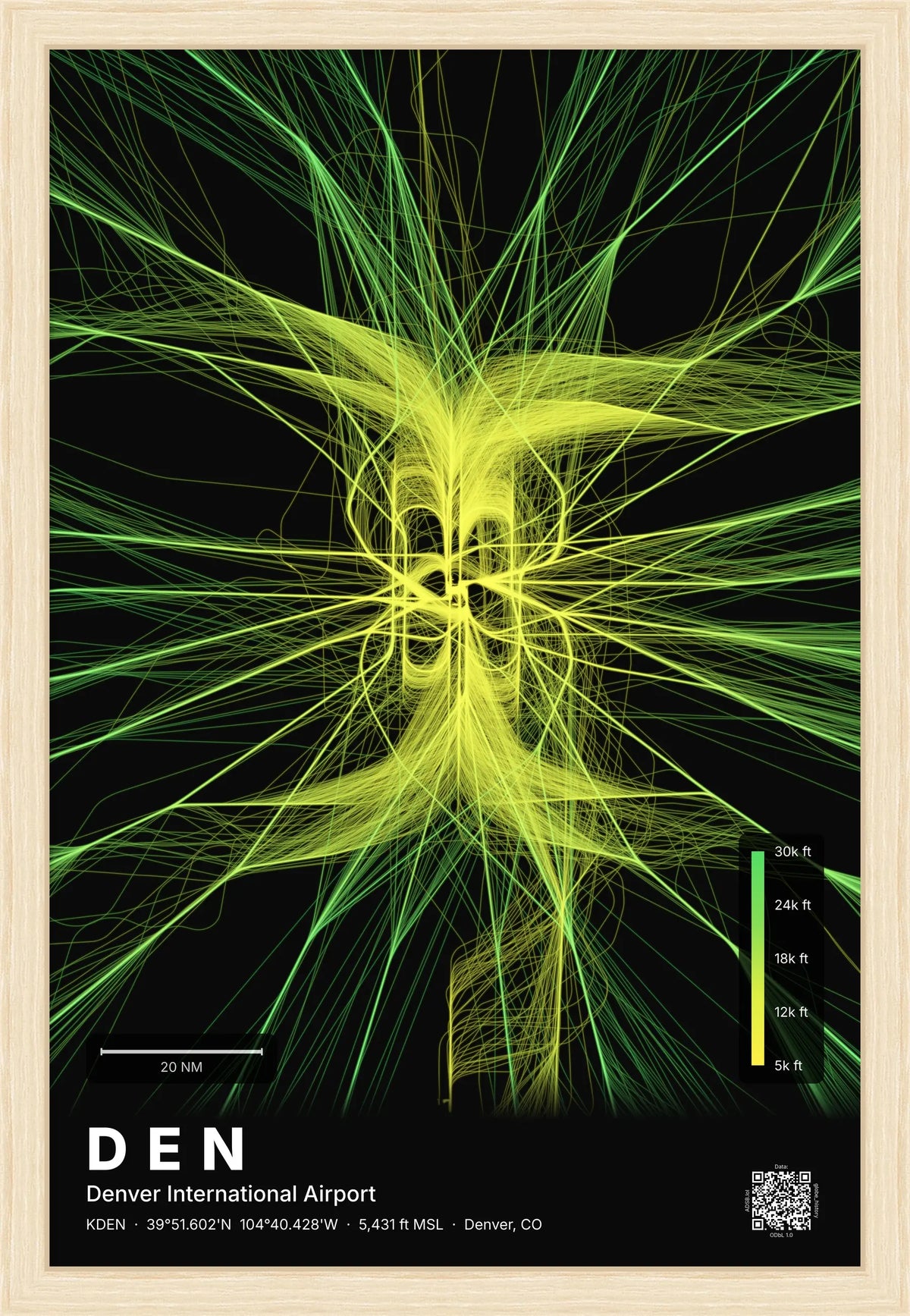 DEN flight path print — Citrus theme · Dark [material:framed_natural]