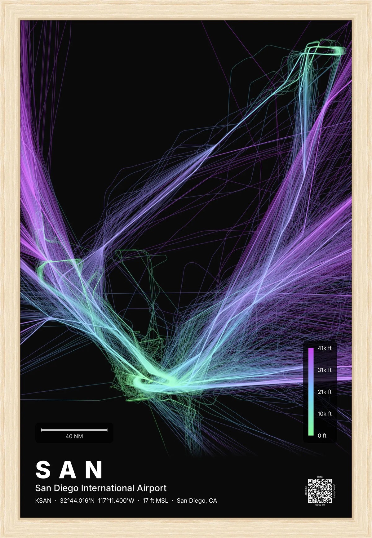 SAN flight path print — Prism theme · Dark [material:framed_natural]
