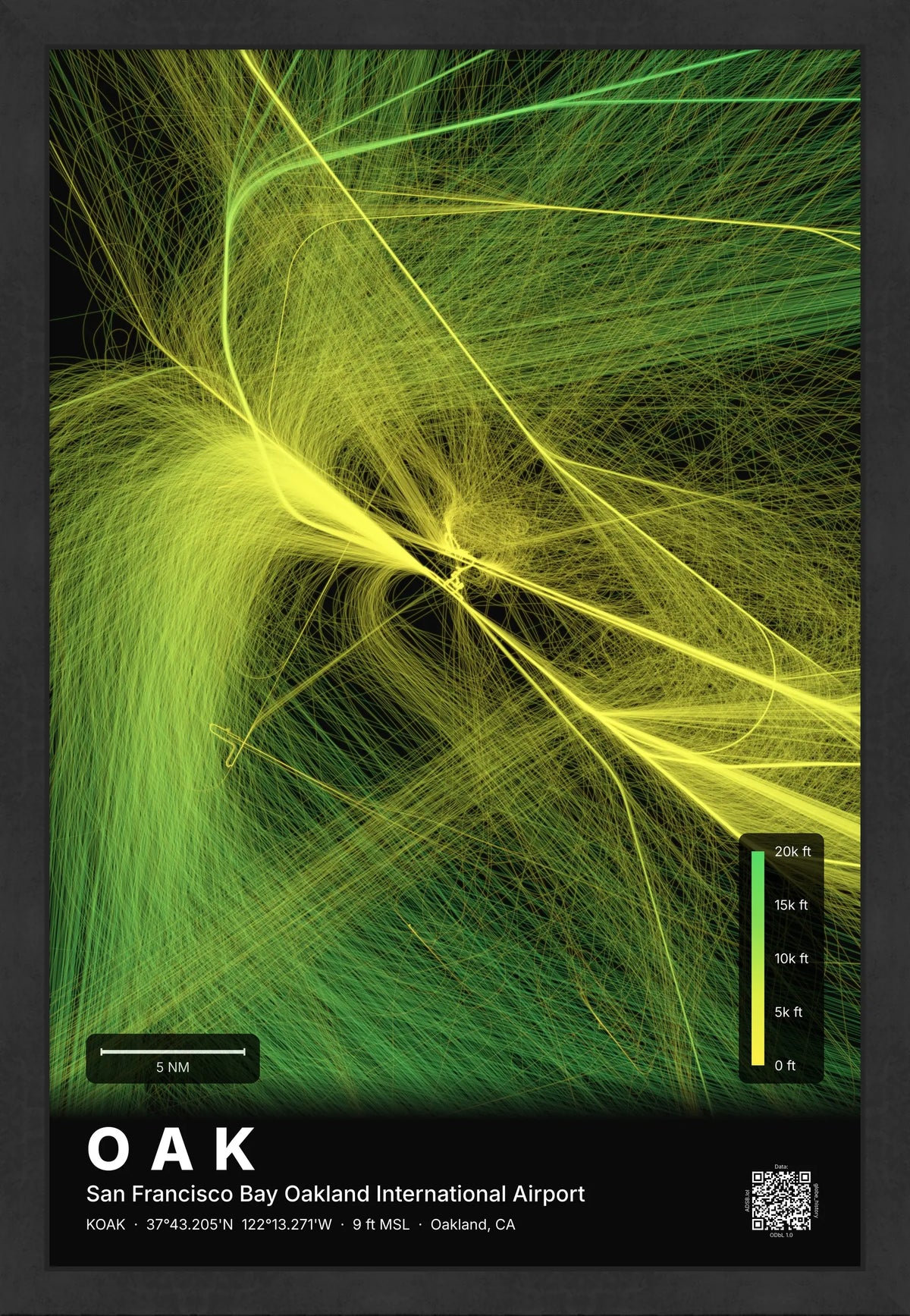 OAK flight path print — Citrus theme · Dark [material:framed_black]
