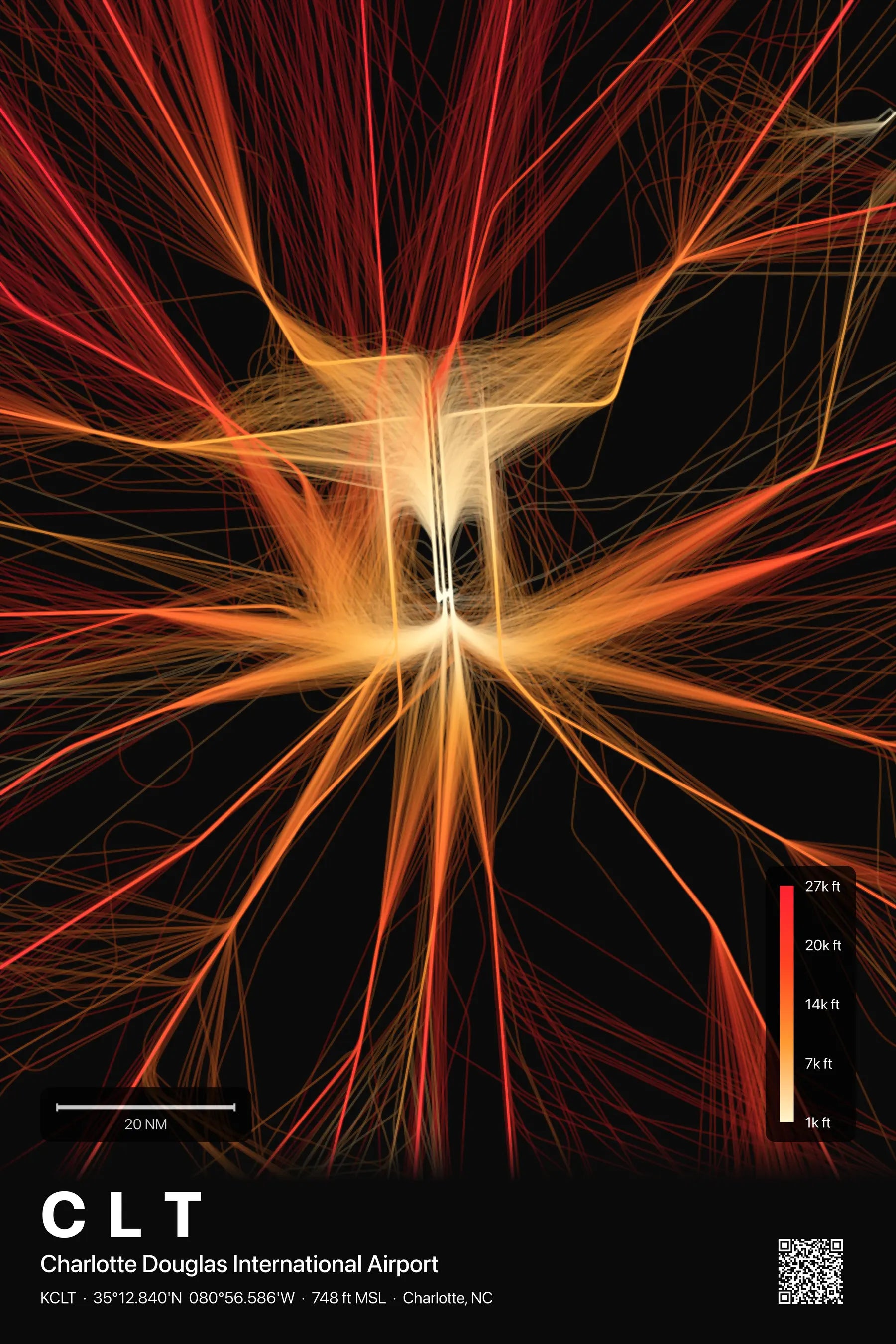 CLT flight path print — Inferno theme · Dark