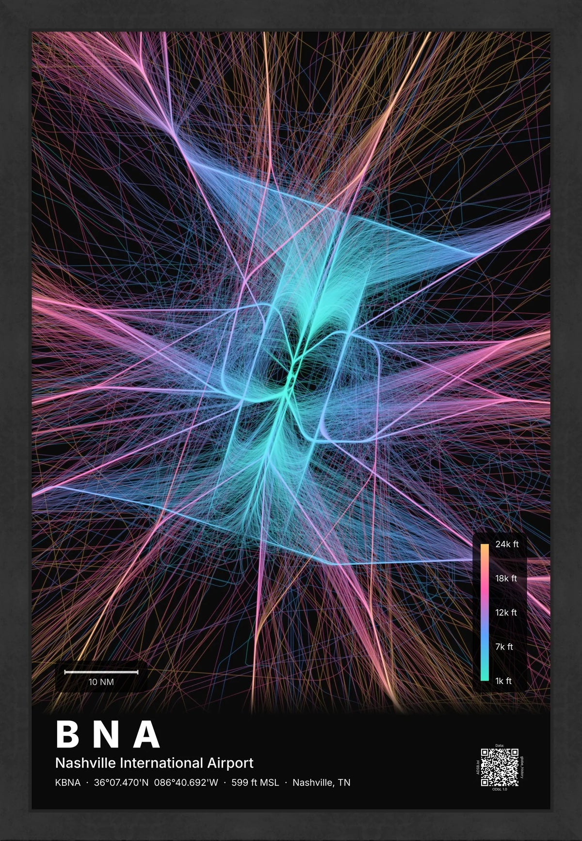 BNA flight path print — Aurora theme · Dark [material:framed_black]
