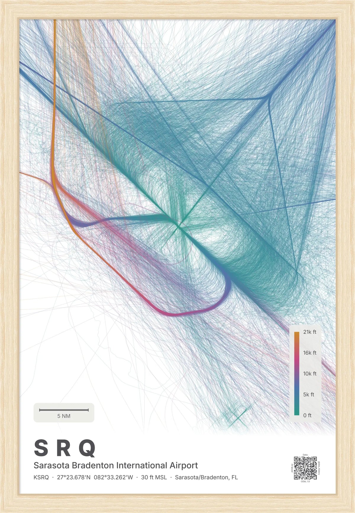 SRQ flight path print — Aurora theme · Light [material:framed_natural]