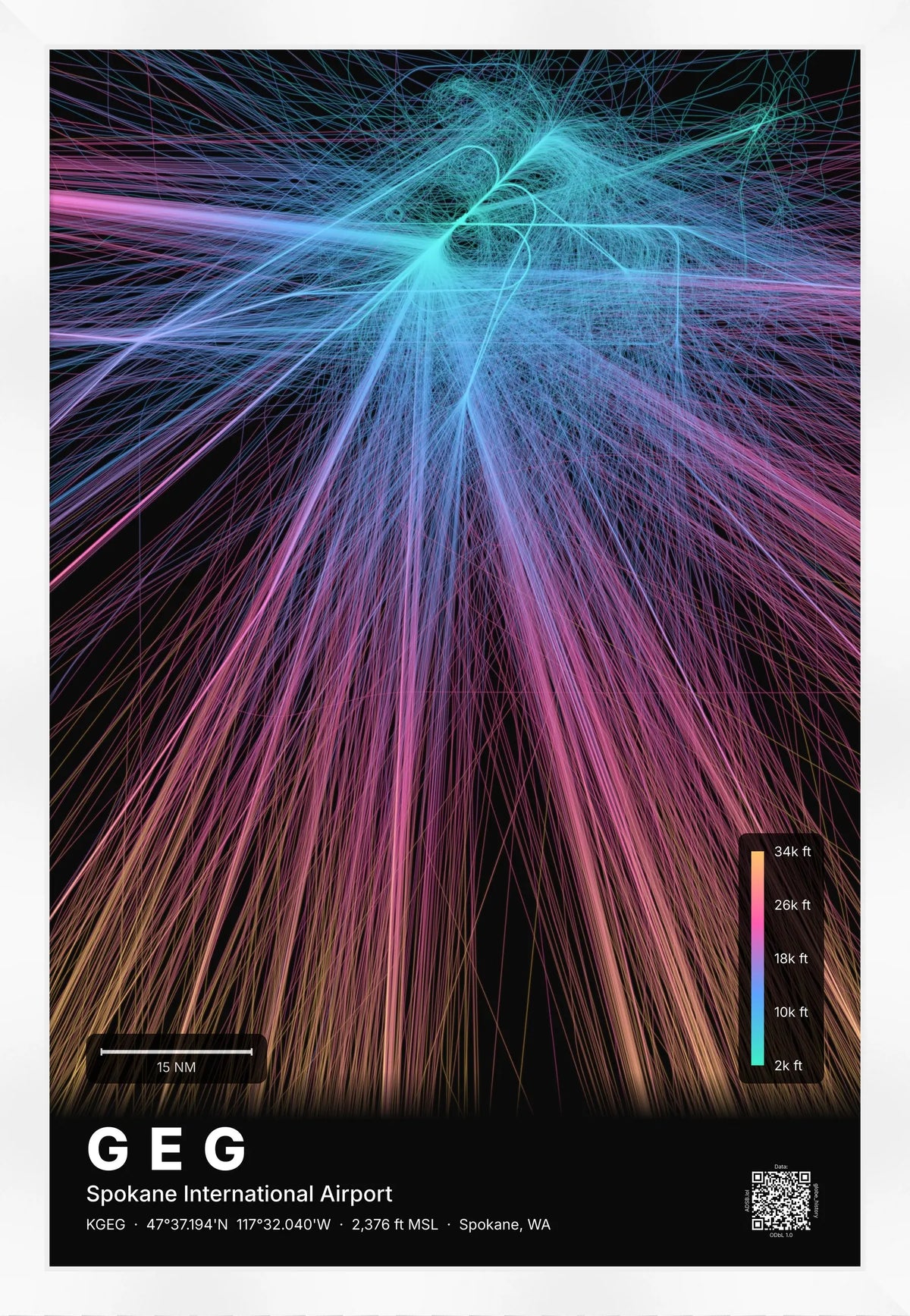 GEG flight path print — Aurora theme · Dark [material:framed_white]