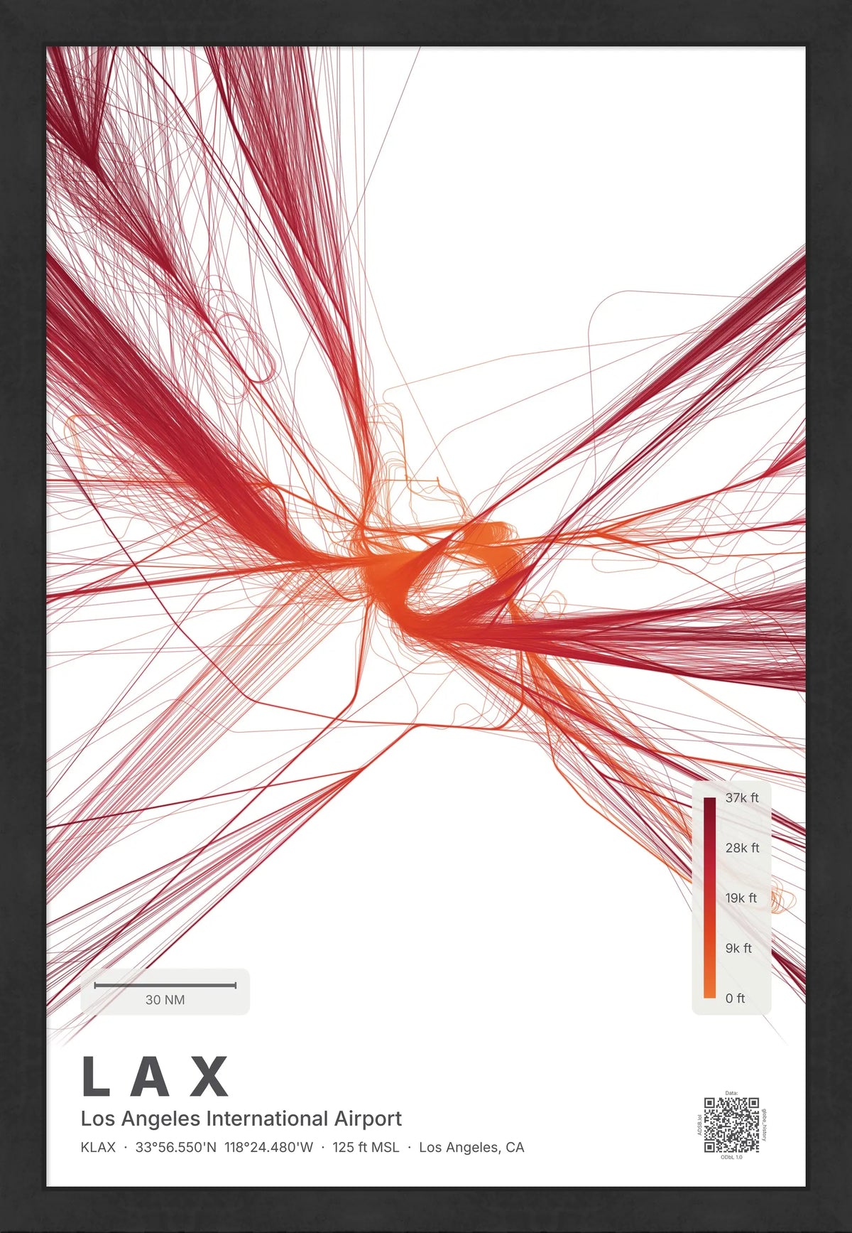 LAX flight path print — Inferno theme · Light [material:framed_black]