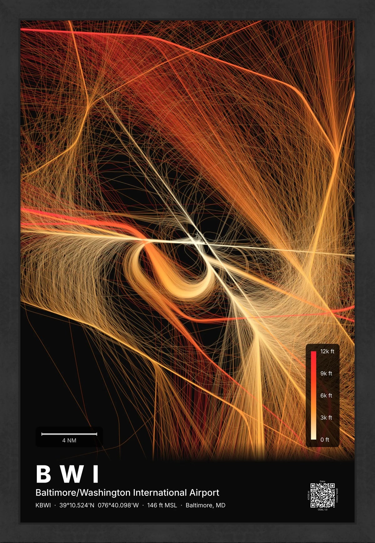 BWI flight path print — Inferno theme · Dark [material:framed_black]