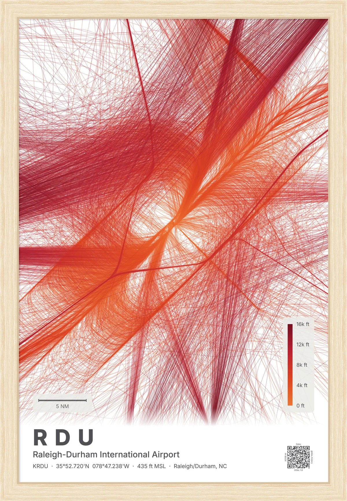 RDU flight path print — Inferno theme · Light [material:framed_natural]