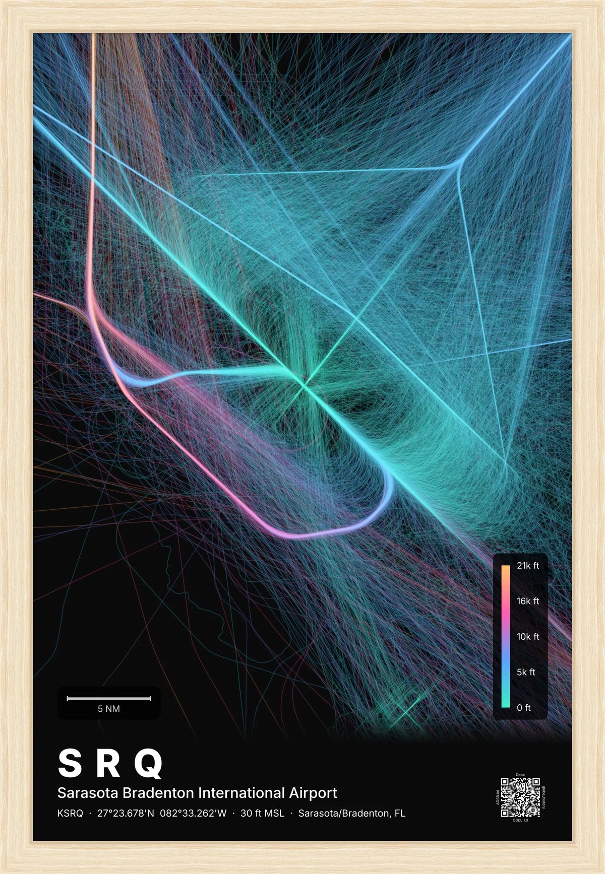 SRQ flight path print — Aurora theme · Dark [material:framed_natural]