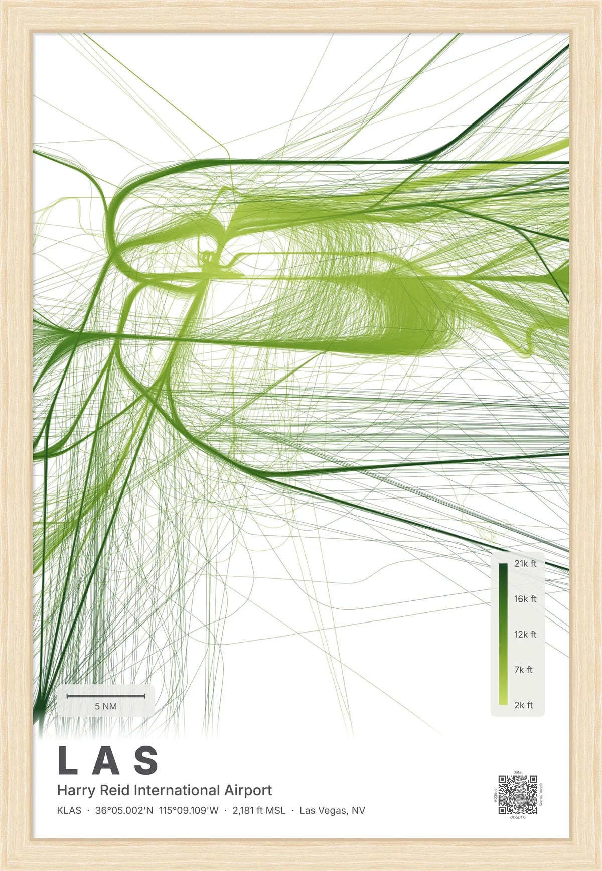 LAS flight path print — Citrus theme · Light [material:framed_natural]