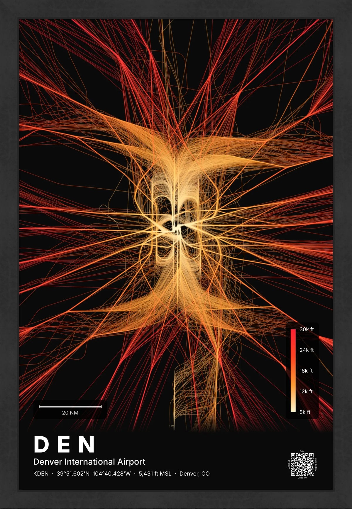 DEN flight path print — Inferno theme · Dark [material:framed_black]