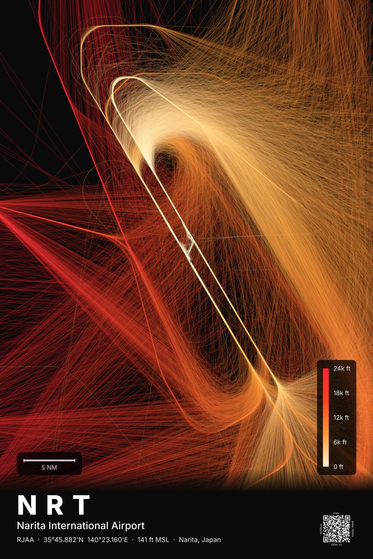 NRT flight path map — Inferno theme · Dark