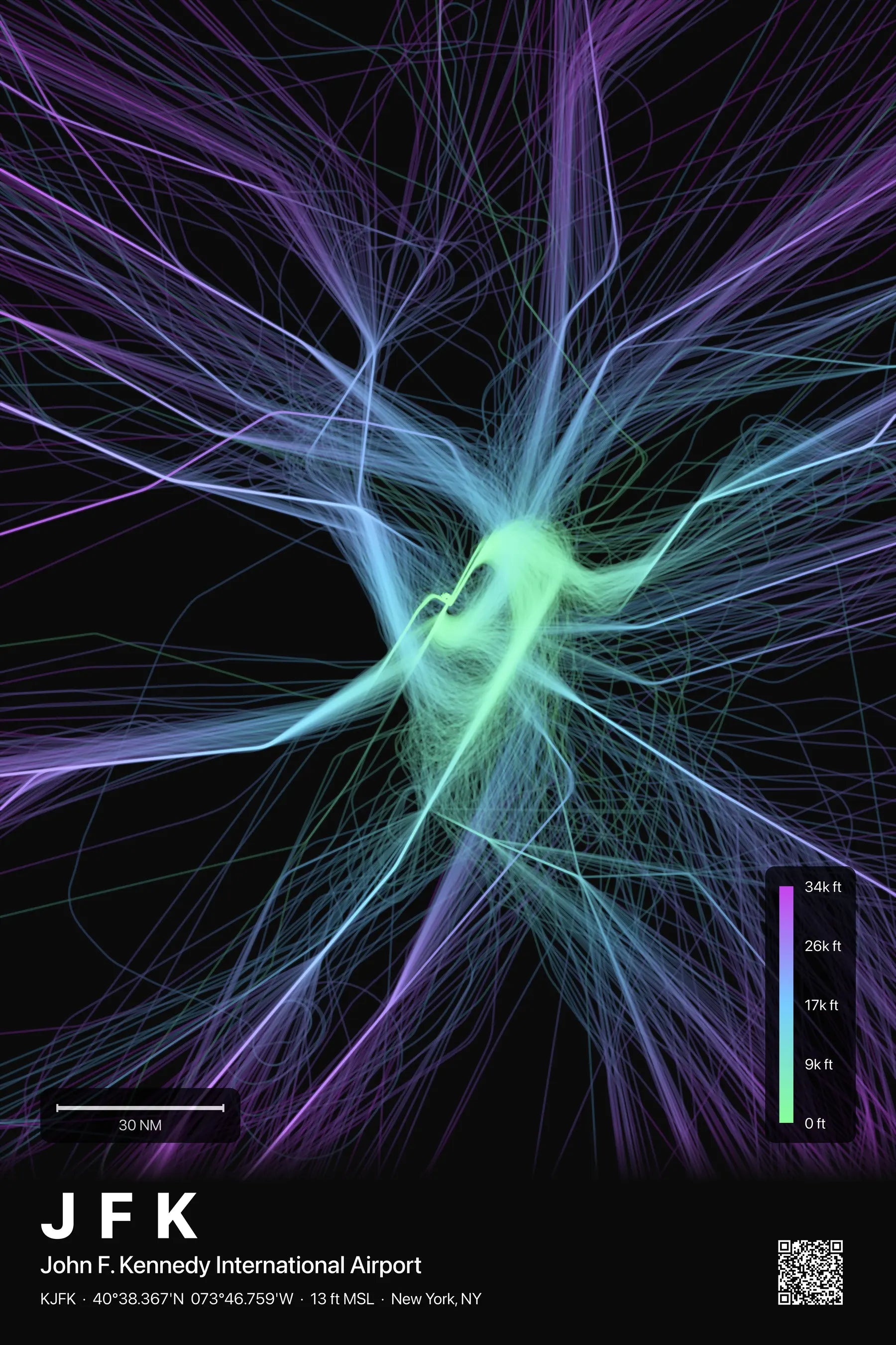 JFK flight path print — Prism theme · Dark