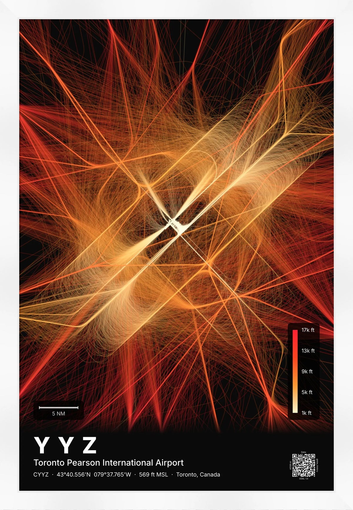 YYZ flight path map — Inferno theme · Dark [material:framed_white]