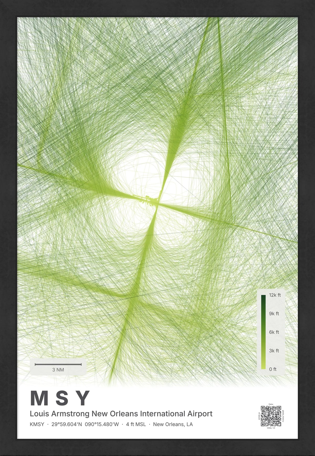 MSY flight path print — Citrus theme · Light [material:framed_black]