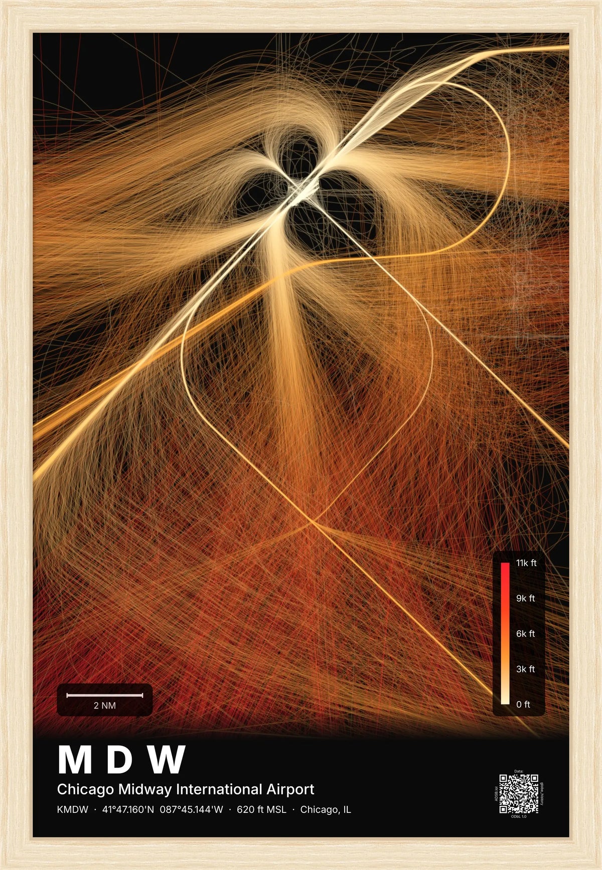 MDW flight path print — Inferno theme · Dark [material:framed_natural]