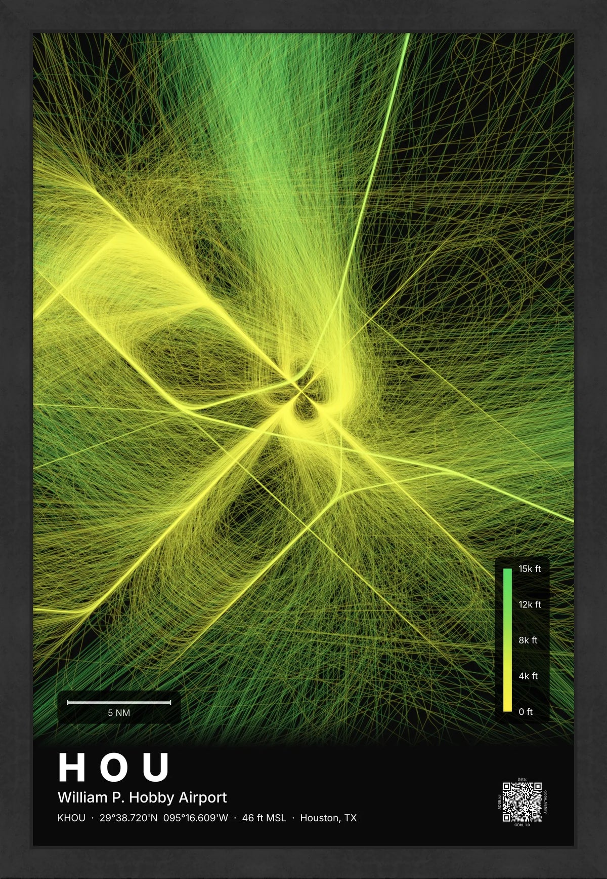 HOU flight path print — Citrus theme · Dark [material:framed_black]