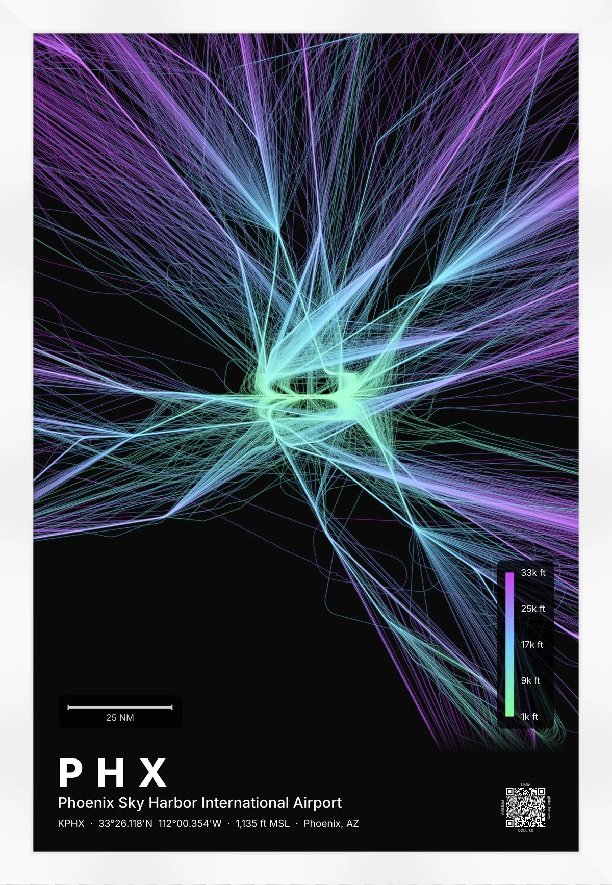 PHX flight path print — Prism theme · Dark [material:framed_white]