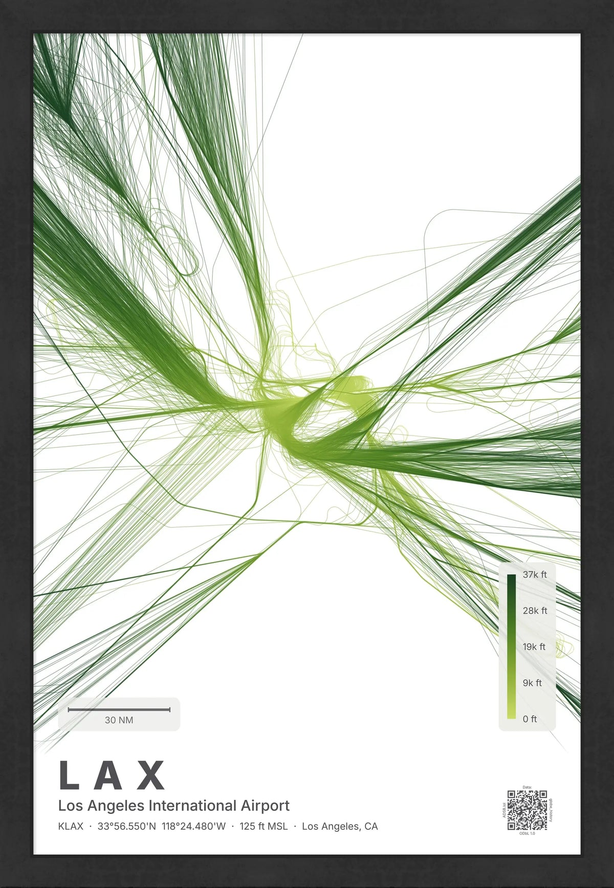 LAX flight path print — Citrus theme · Light [material:framed_black]
