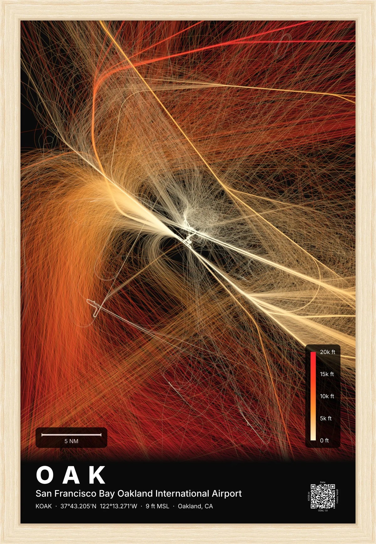 OAK flight path print — Inferno theme · Dark [material:framed_natural]