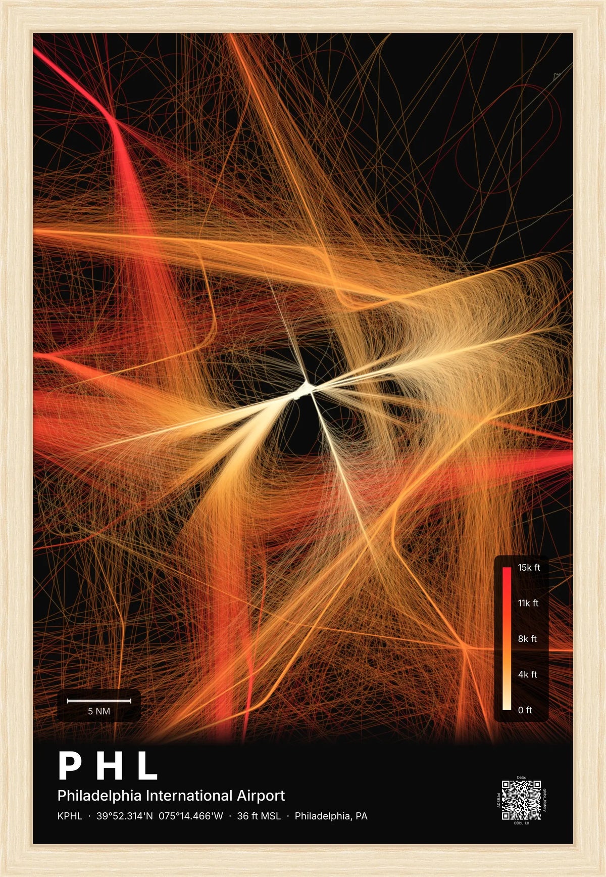 PHL flight path print — Inferno theme · Dark [material:framed_natural]