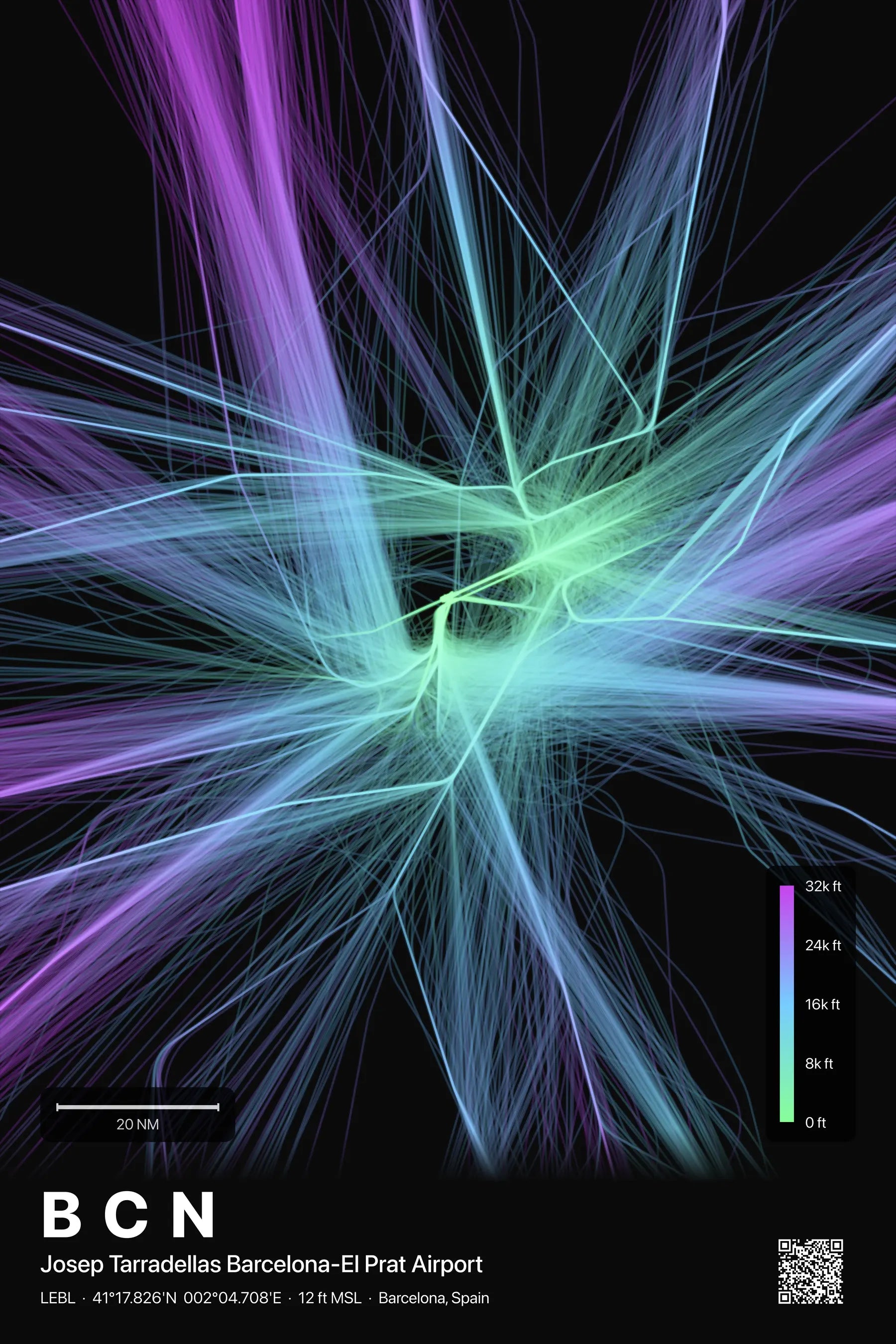 BCN flight path print — Prism theme · Dark