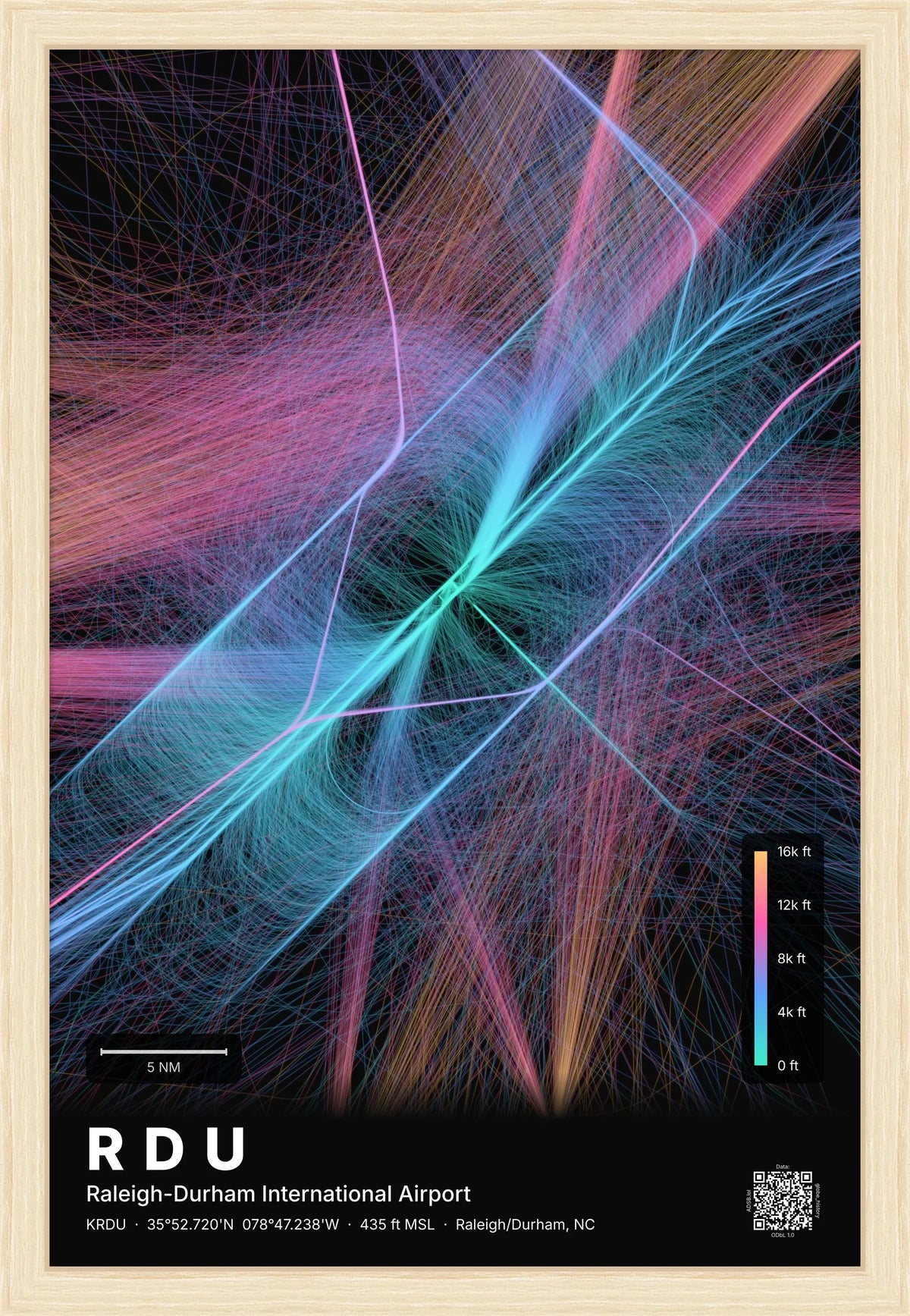 RDU flight path print — Aurora theme · Dark [material:framed_natural]