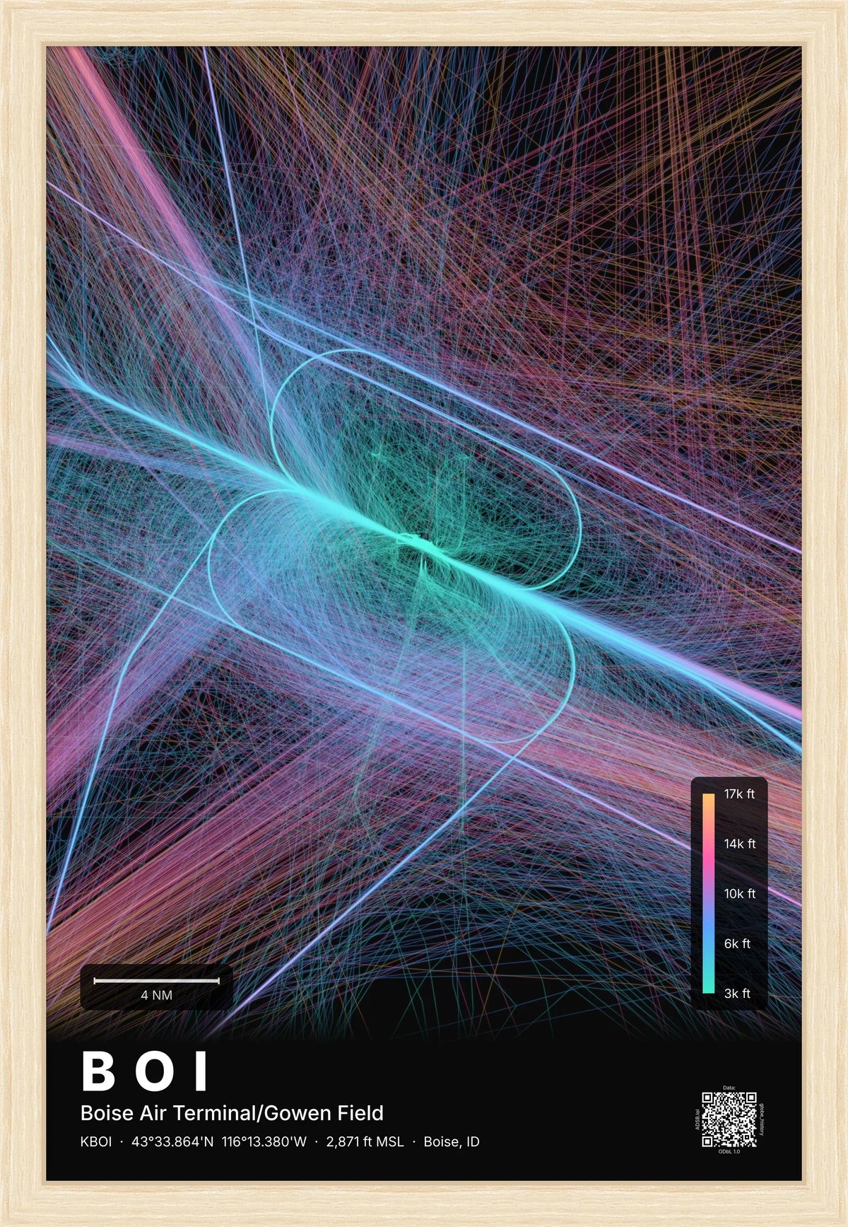 BOI flight path print — Aurora theme · Dark [material:framed_natural]
