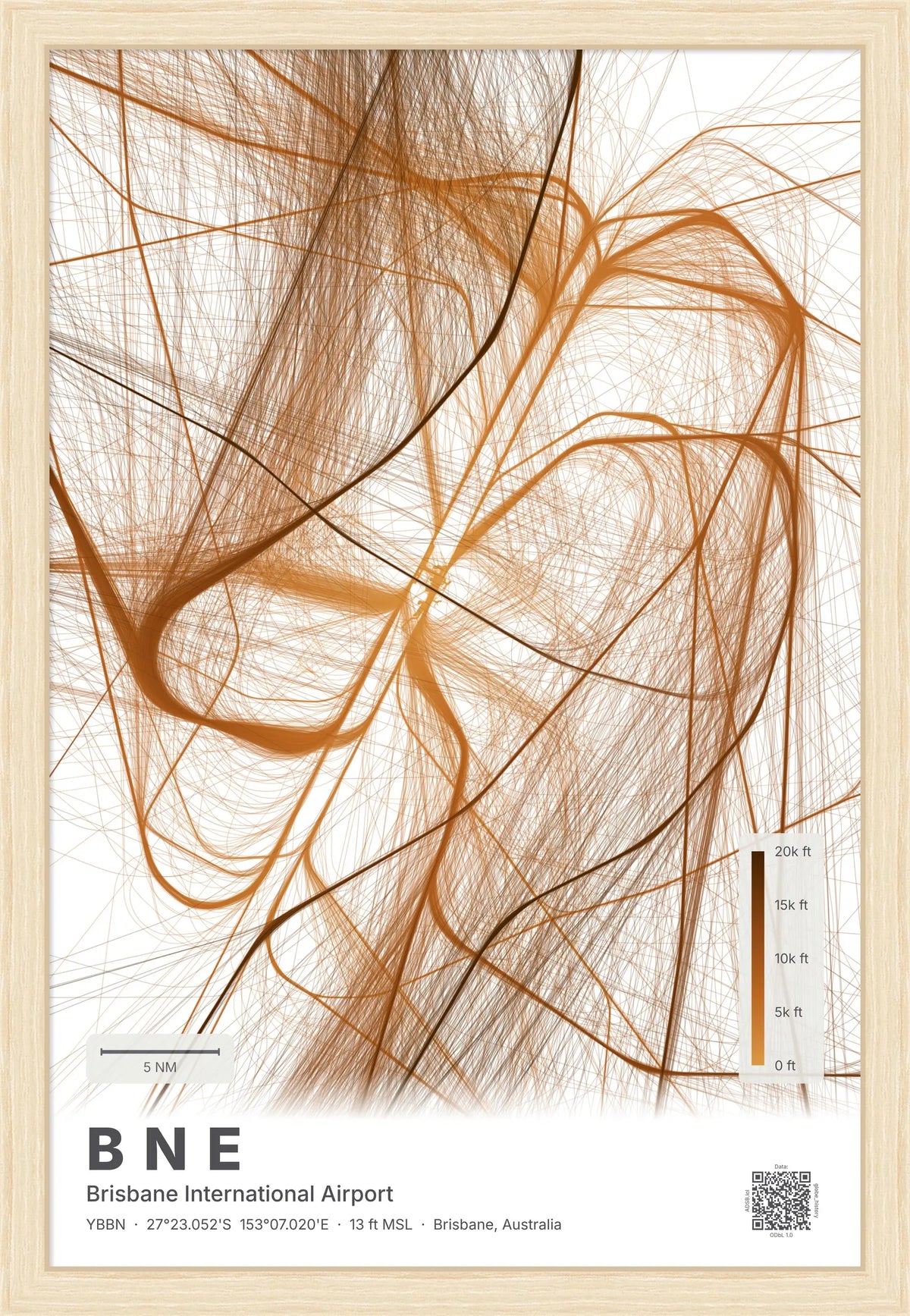 BNE flight path map — Solana theme · Light [material:framed_natural]