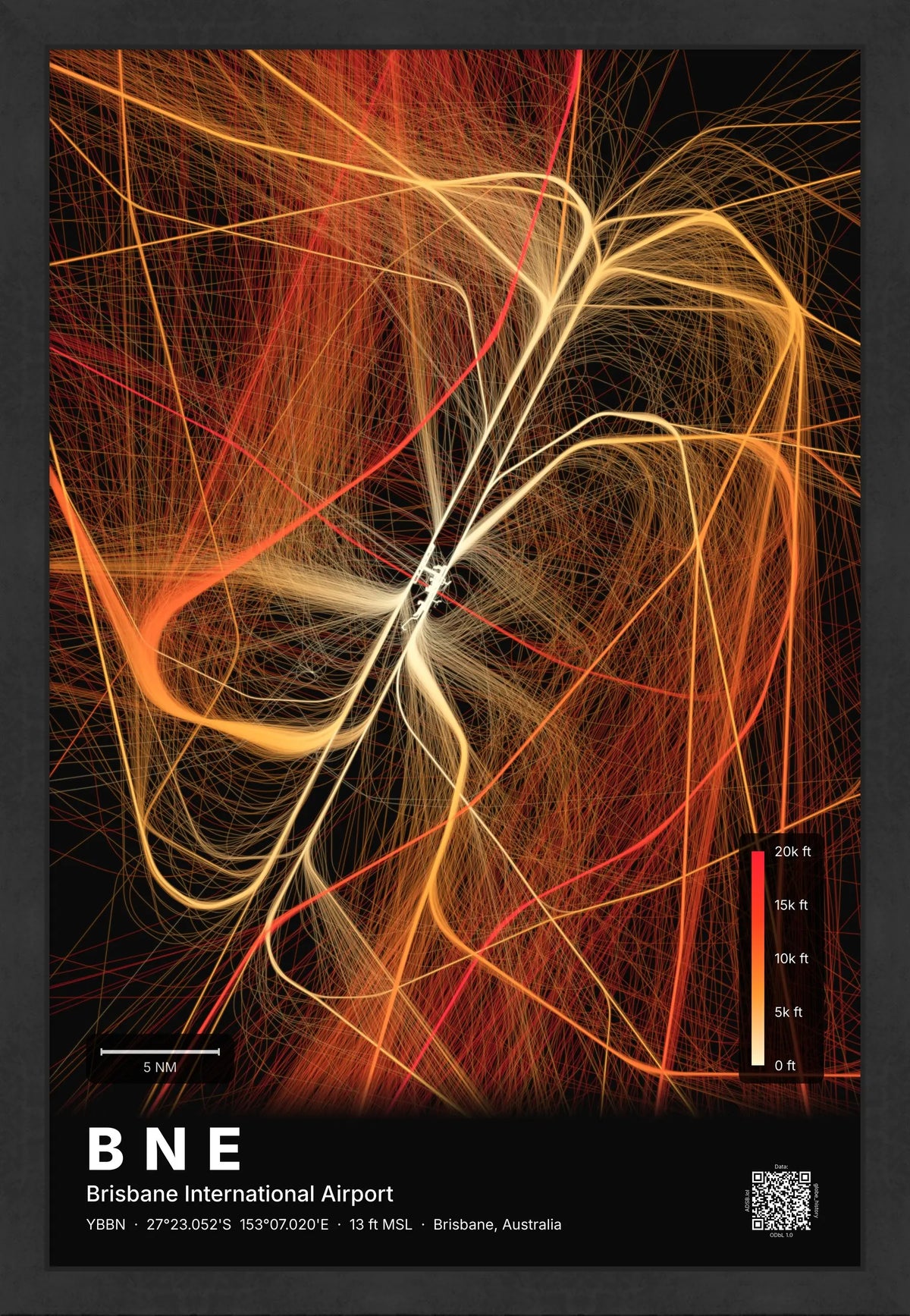 BNE flight path map — Inferno theme · Dark [material:framed_black]