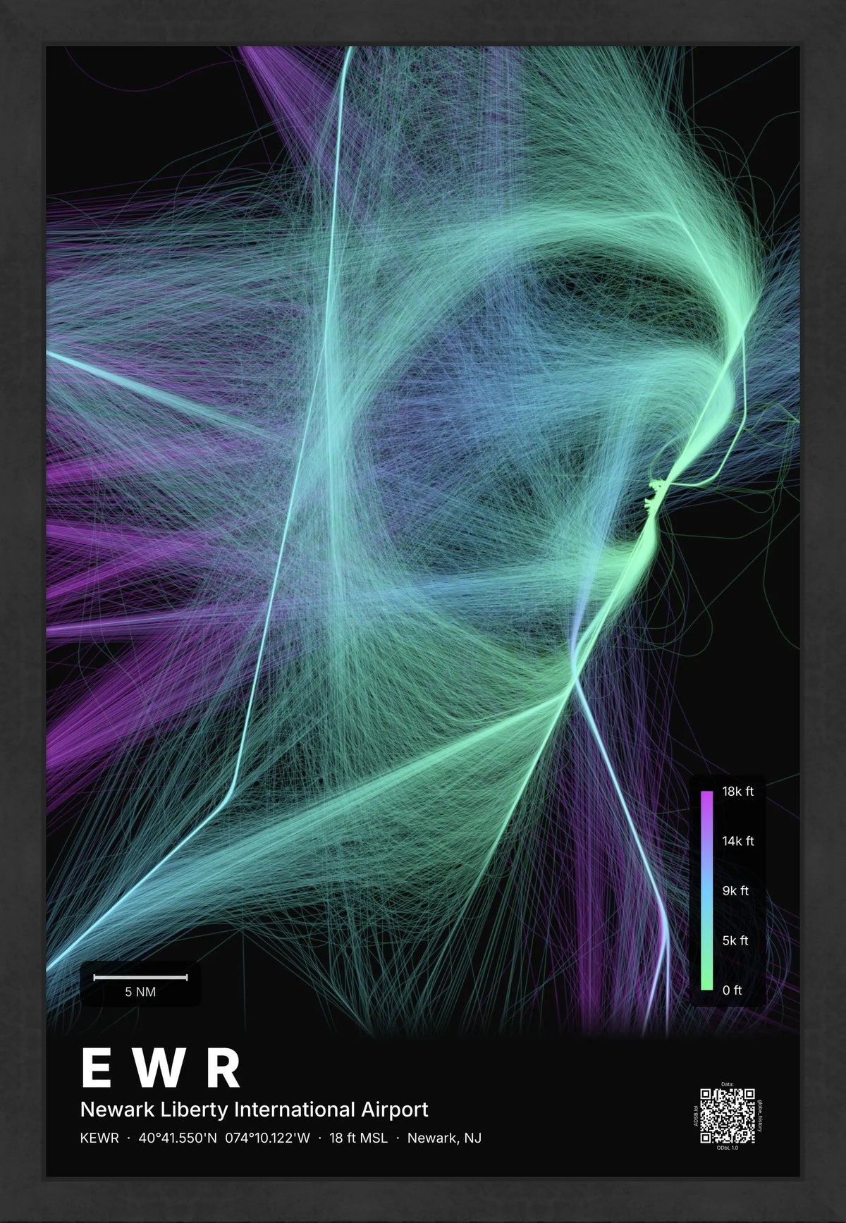 EWR flight path print — Prism theme · Dark [material:framed_black]