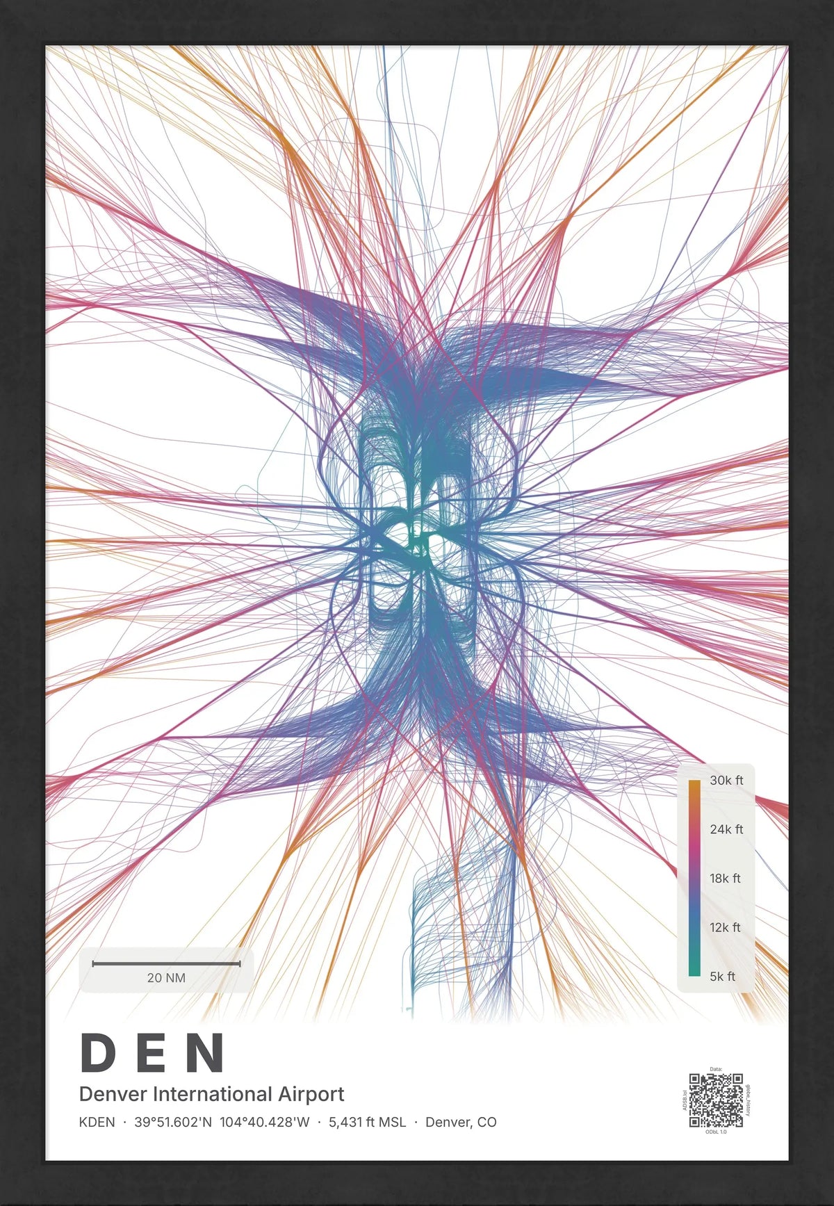 DEN flight path print — Aurora theme · Light [material:framed_black]
