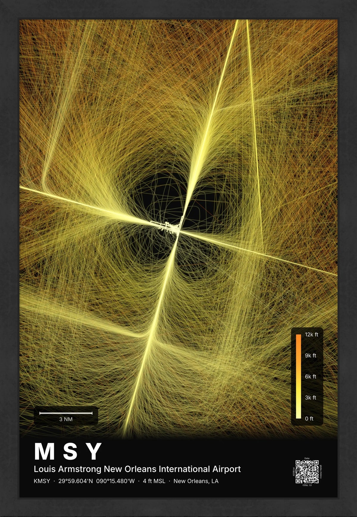 MSY flight path print — Solana theme · Dark [material:framed_black]
