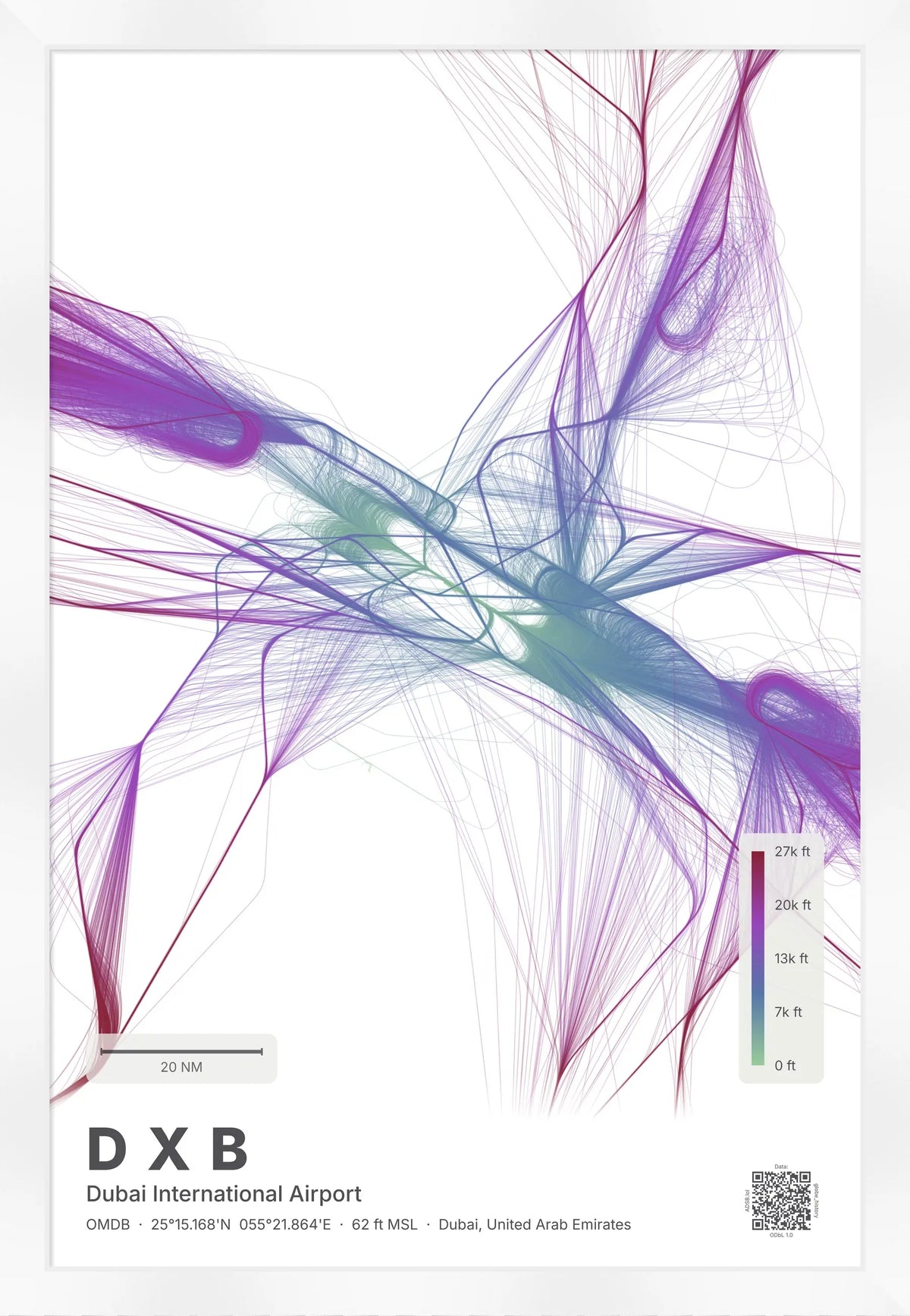 DXB flight path print — Prism theme · Light [material:framed_white]