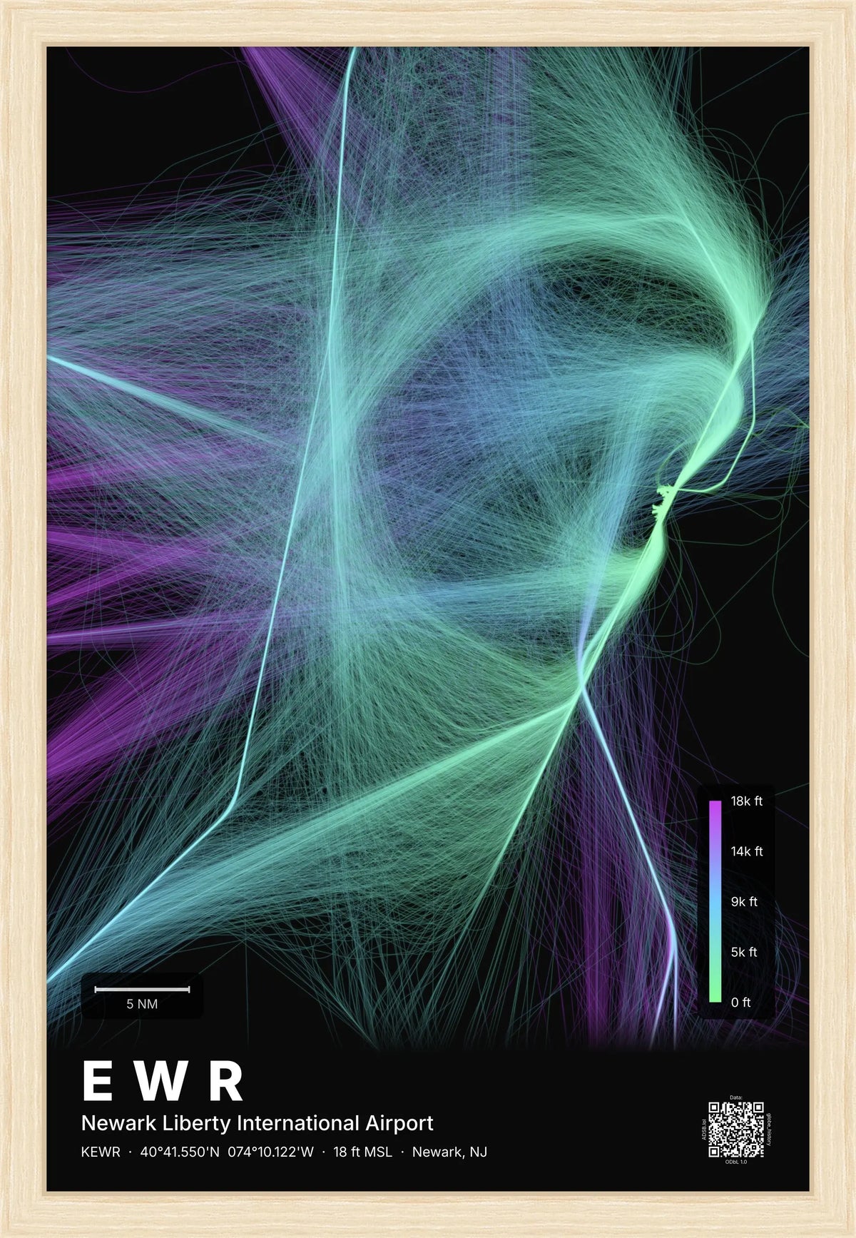 EWR flight path print — Prism theme · Dark [material:framed_natural]