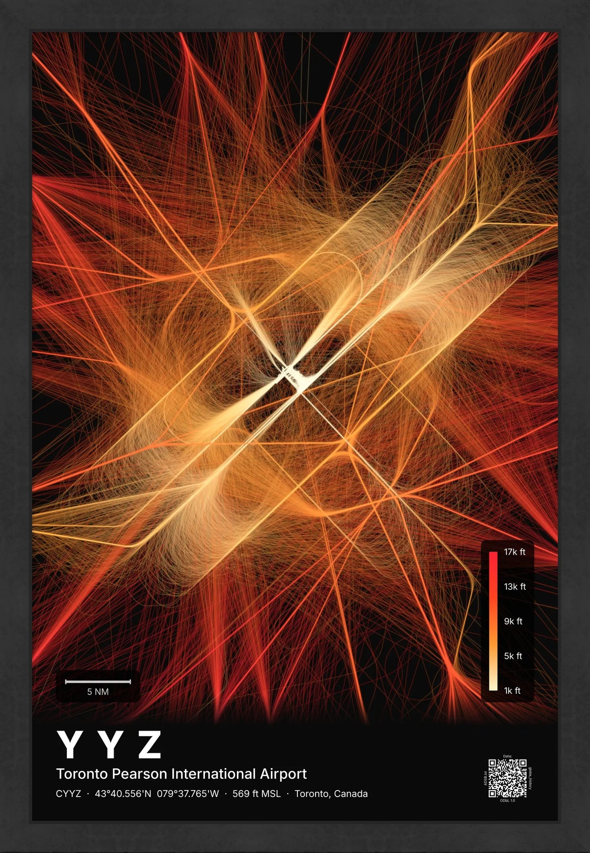 YYZ flight path map — Inferno theme · Dark [material:framed_black]