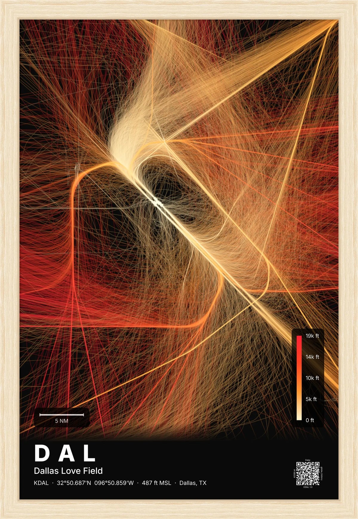 DAL flight path print — Inferno theme · Dark [material:framed_natural]