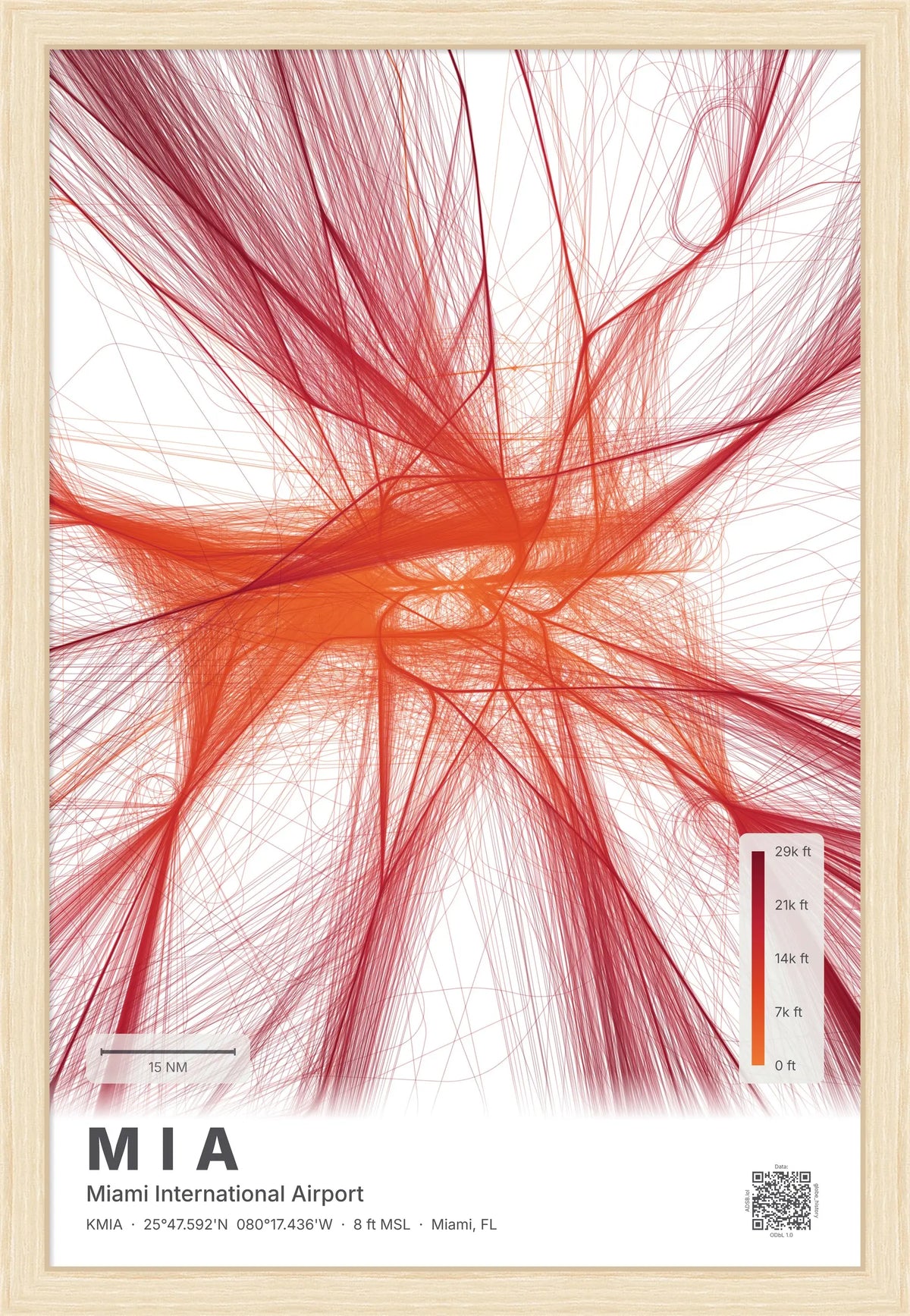 MIA flight path print — Inferno theme · Light [material:framed_natural]