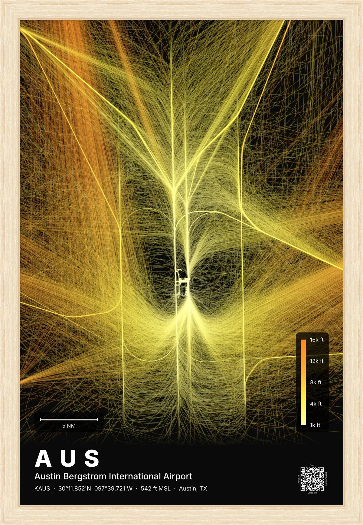 AUS flight path print — Solana theme · Dark [material:framed_natural]